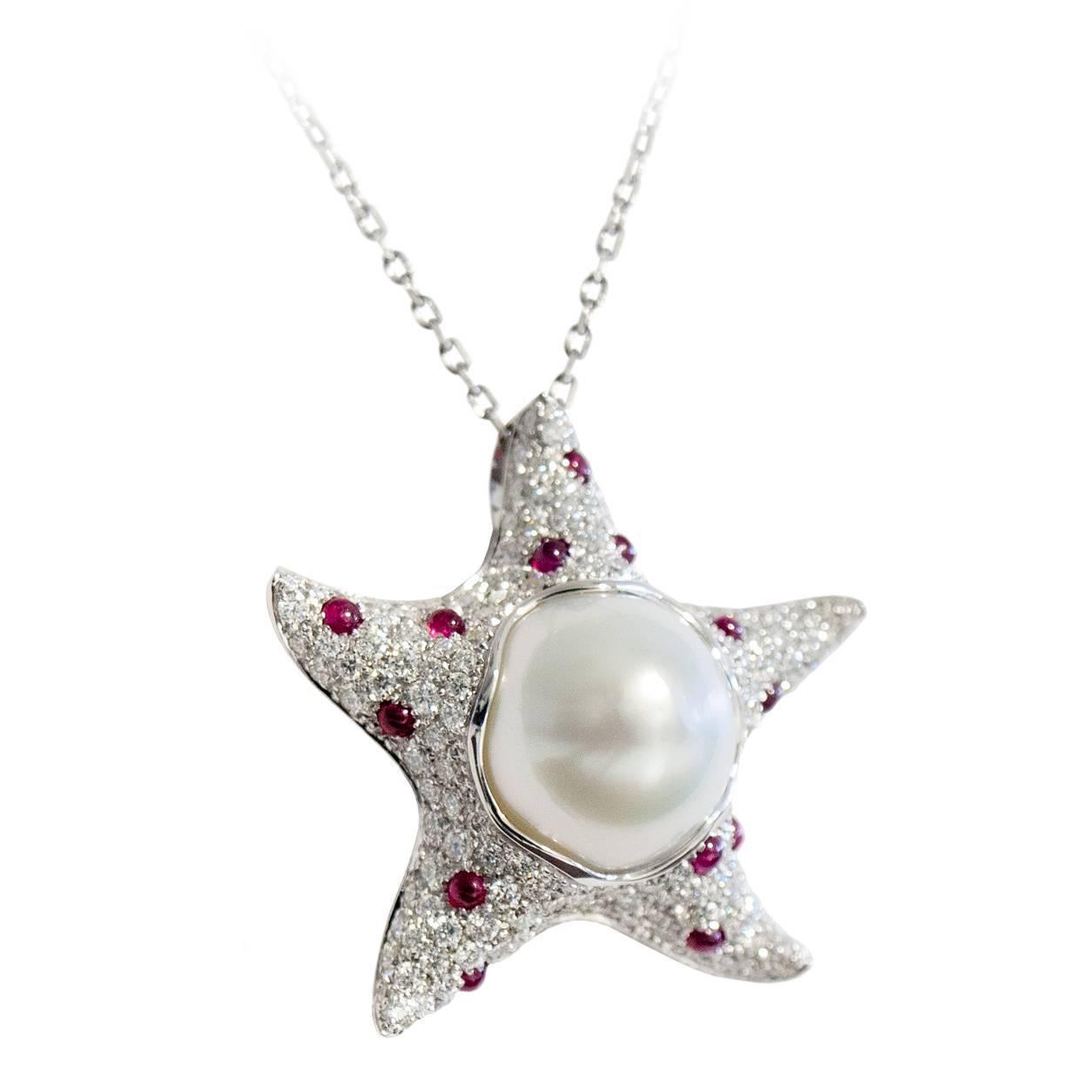 Starfish White Diamond Ruby Australian Pearl 18Kt Gold Pendant/Necklace 