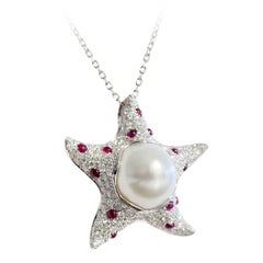 Starfish White Diamond Ruby Australian Pearl 18Kt Gold Pendant/Necklace