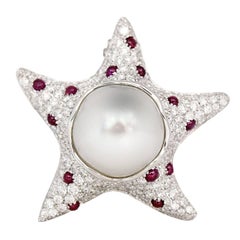 Starfish White Diamond Ruby Australian Pearl 18Kt Gold Pendant/Necklace