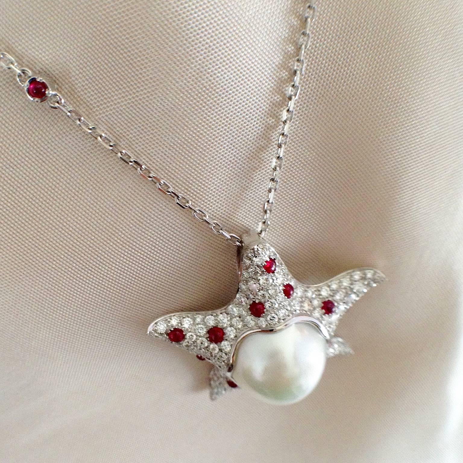 Starfish White Diamond Ruby Australian Pearl 18Kt Gold Pendant/Necklace  1