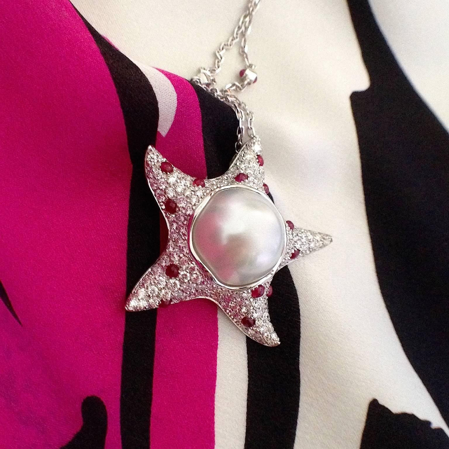 Starfish White Diamond Ruby Australian Pearl 18Kt Gold Pendant/Necklace  2