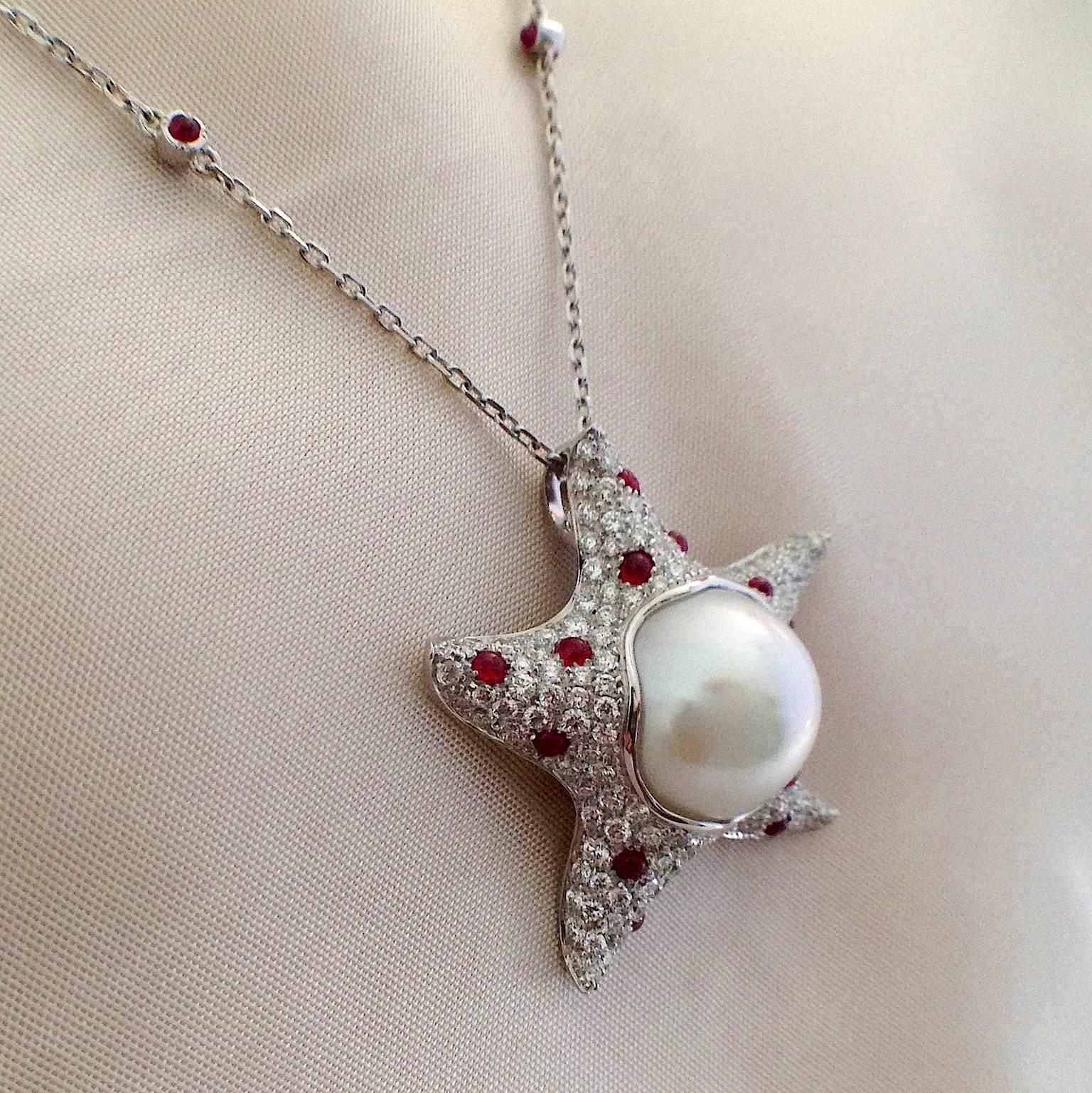 Starfish White Diamond Ruby Australian Pearl 18Kt Gold Pendant/Necklace  3