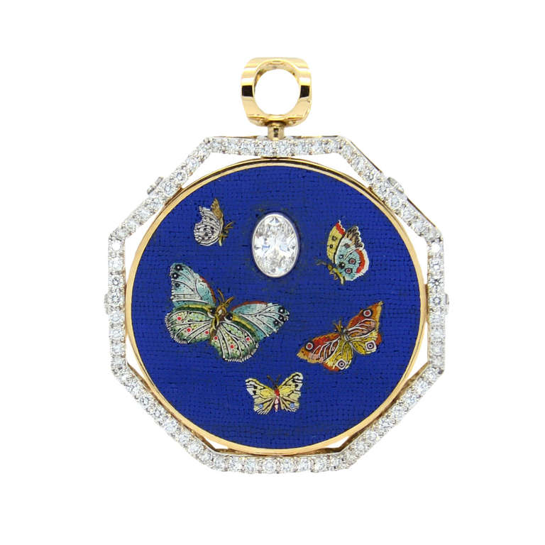 Italian Micromosaic, Diamond and Gold Pendant For Sale