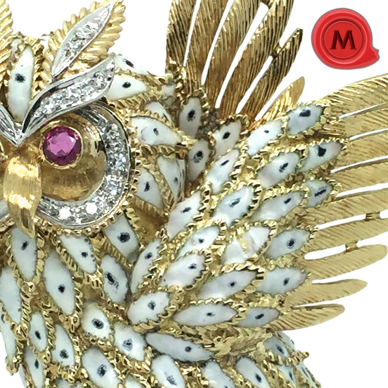 1960s Italian Enamel Ruby Diamond Gold Animalier Brooch For Sale at 1stDibs