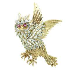 1960s Italian Enamel Ruby Diamond Gold Animalier Brooch