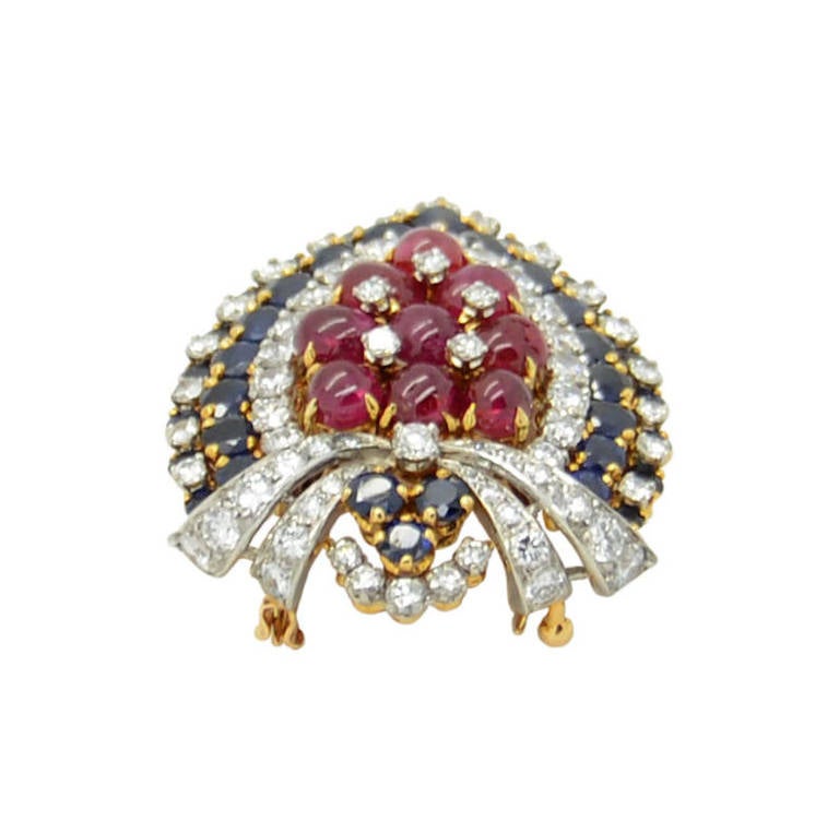 Bulgari Ruby Sapphire Diamond Gold Brooch In Excellent Condition In Roma, IT