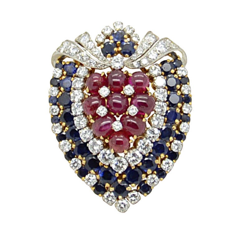 Bulgari Ruby Sapphire Diamond Gold Brooch