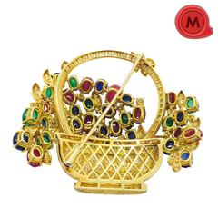 1980s Italian Ruby Sapphire Emerald Diamond Gold Flower Basket Brooch
