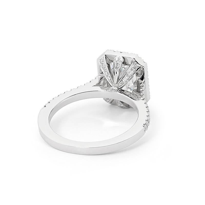 Designed in platinum with a 2.06ct Radiant Cut diamond (color D / SI) GIA certified (2151753665) at its center and detailed with 60 diamonds set gallery for additional detail (weight 0.45ct and color F / VS). This piece is a true