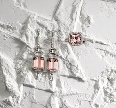 15.09 Carat Emerald Cut Morganite and Diamond Art Deco Earrings