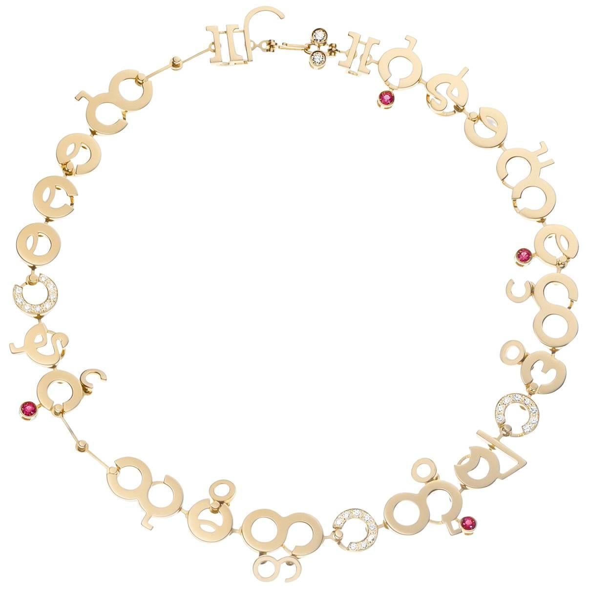 Nathalie Jean Contemporary 0, 69 Carat Diamond Ruby Gold Choker Link Necklace