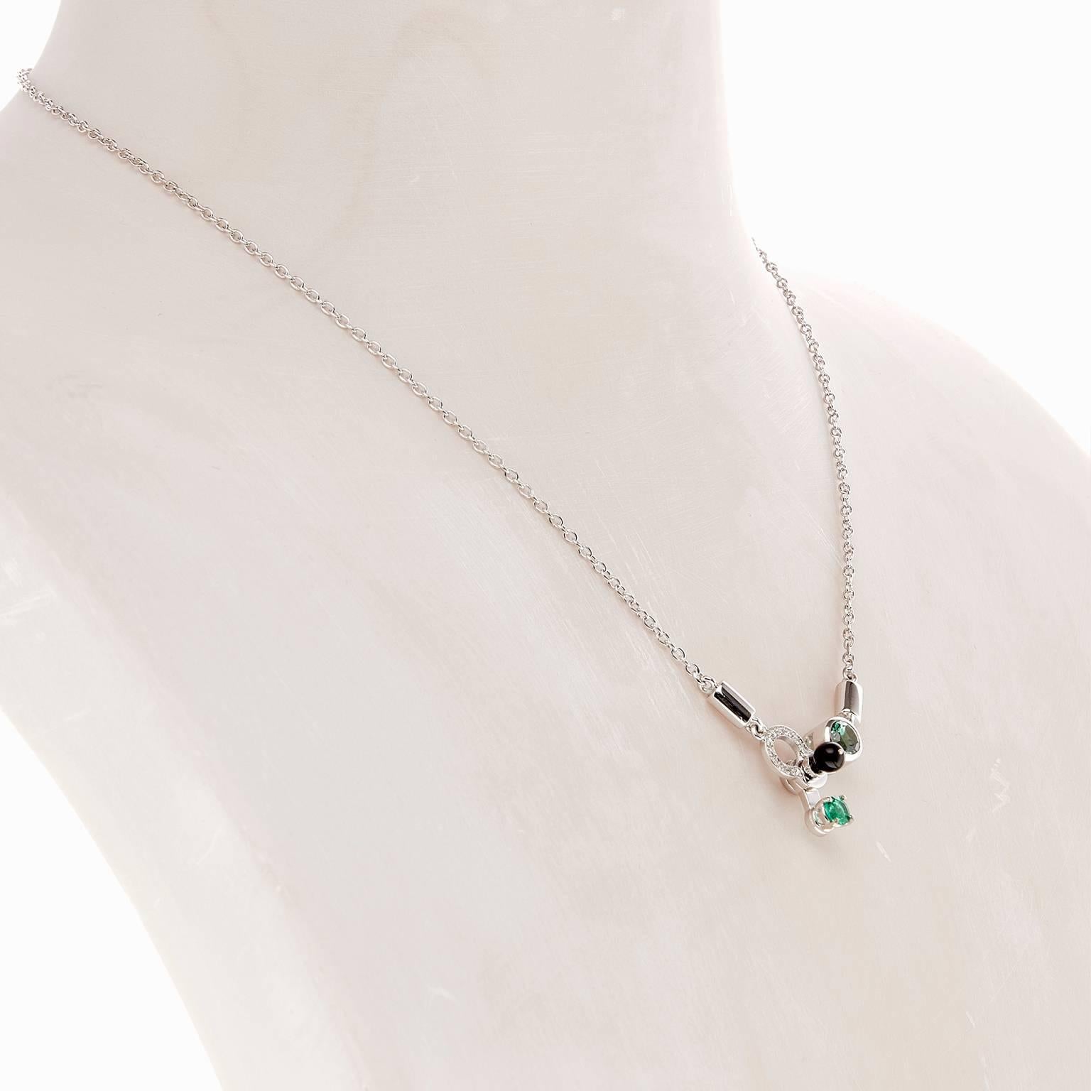 Nathalie Jean 0, 055 Carat Emerald Tourmaline Onyx Gold Pendant Drop Necklace In New Condition In Milan, Lombardia
