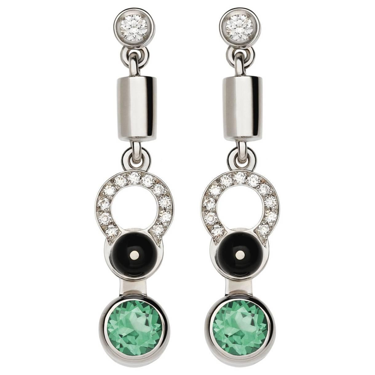 Nathalie Jean 0, 21 Carat Diamond Tourmaline Onyx White Gold Drop Dangle Earrings