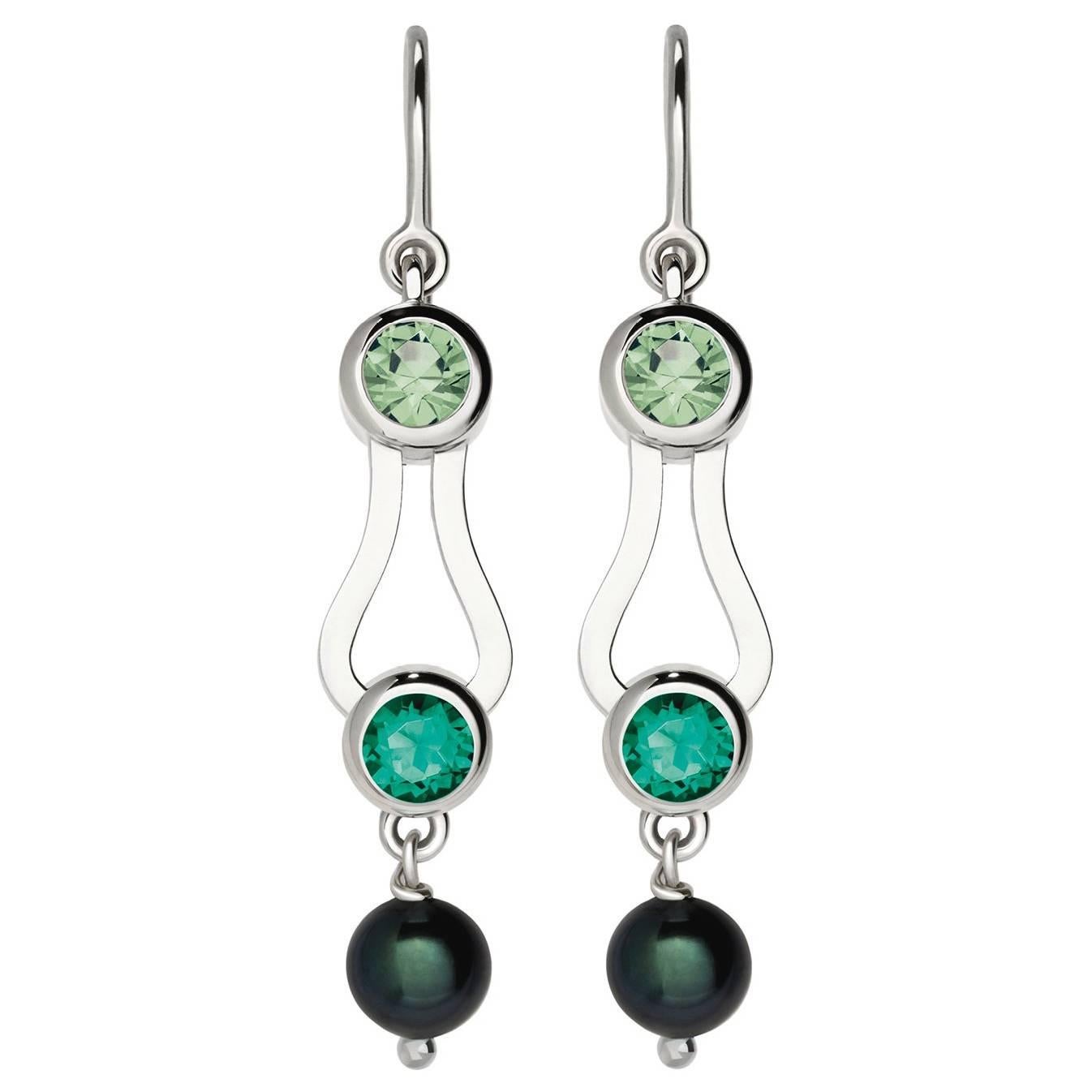 Nathalie Jean Emerald Tourmaline Pearl White Gold Drop Dangle Earrings