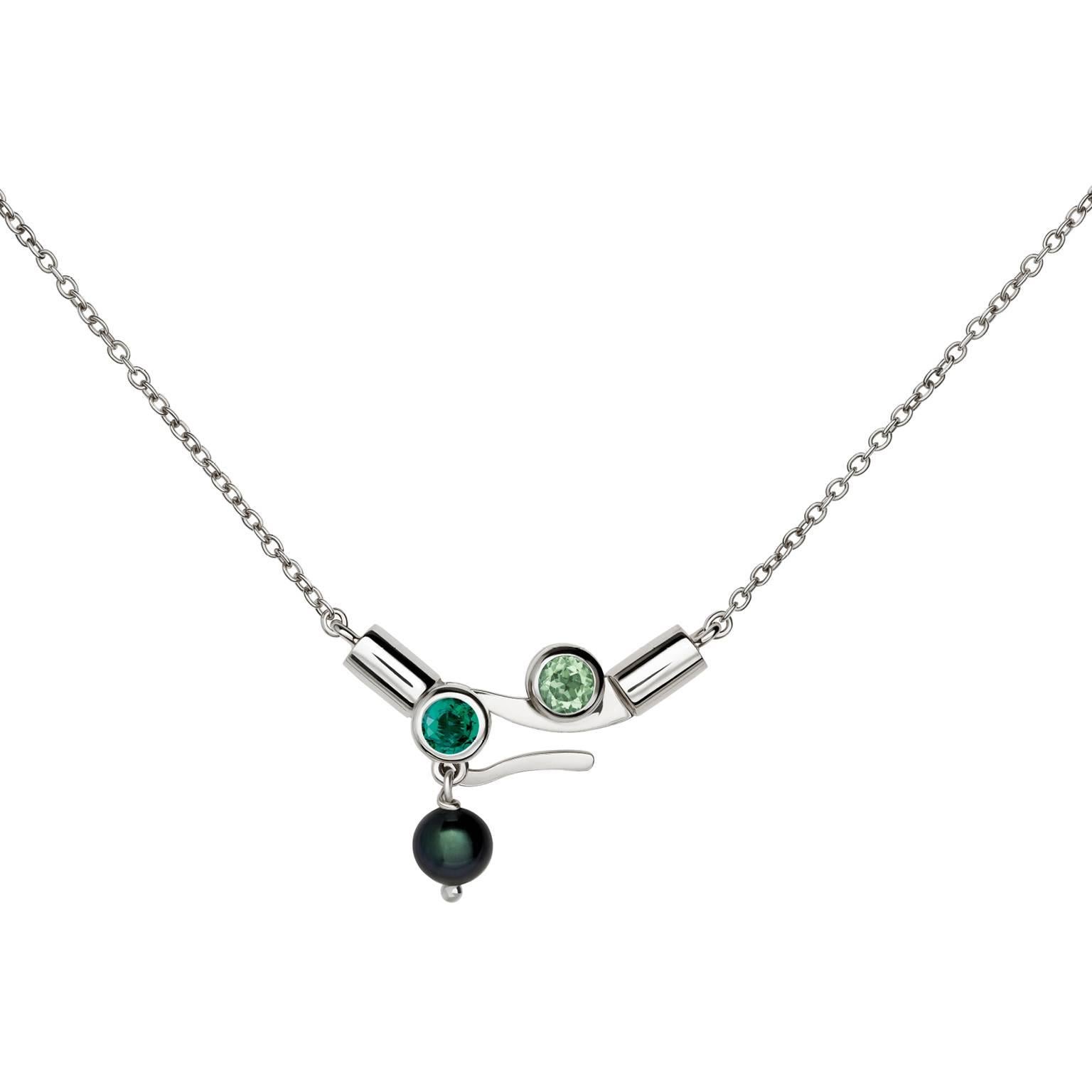 Nathalie Jean Emerald Tourmaline Pearl White Gold Pendant Drop Necklace