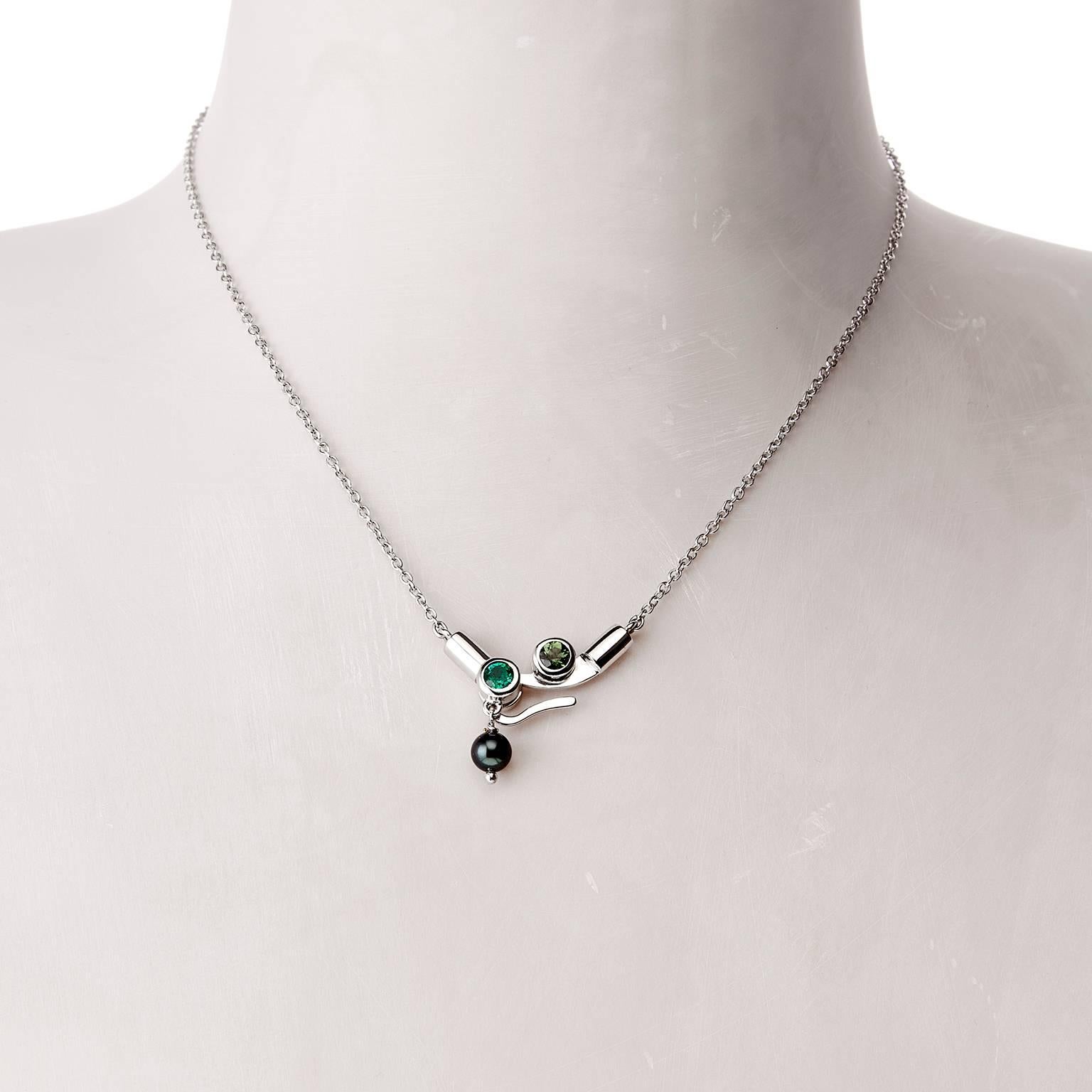 Contemporary Nathalie Jean Emerald Tourmaline Pearl White Gold Pendant Drop Necklace