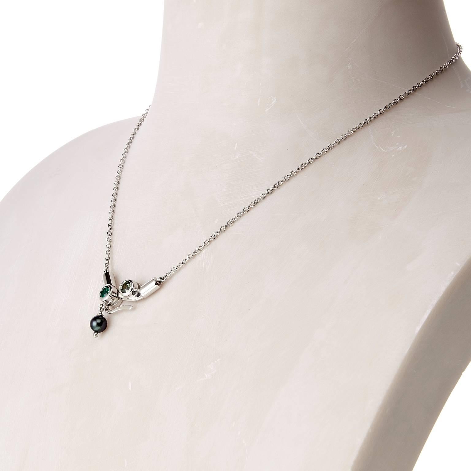 Nathalie Jean Emerald Tourmaline Pearl White Gold Pendant Drop Necklace 1