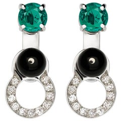 Nathalie Jean 0.11 Carat Diamond Emerald Onyx White Gold Drop Dangle Earrings