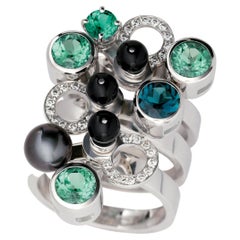 Nathalie Jean Diamond Emerald Tourmaline Pearl Onyx Gold Colorful Cocktail Rings