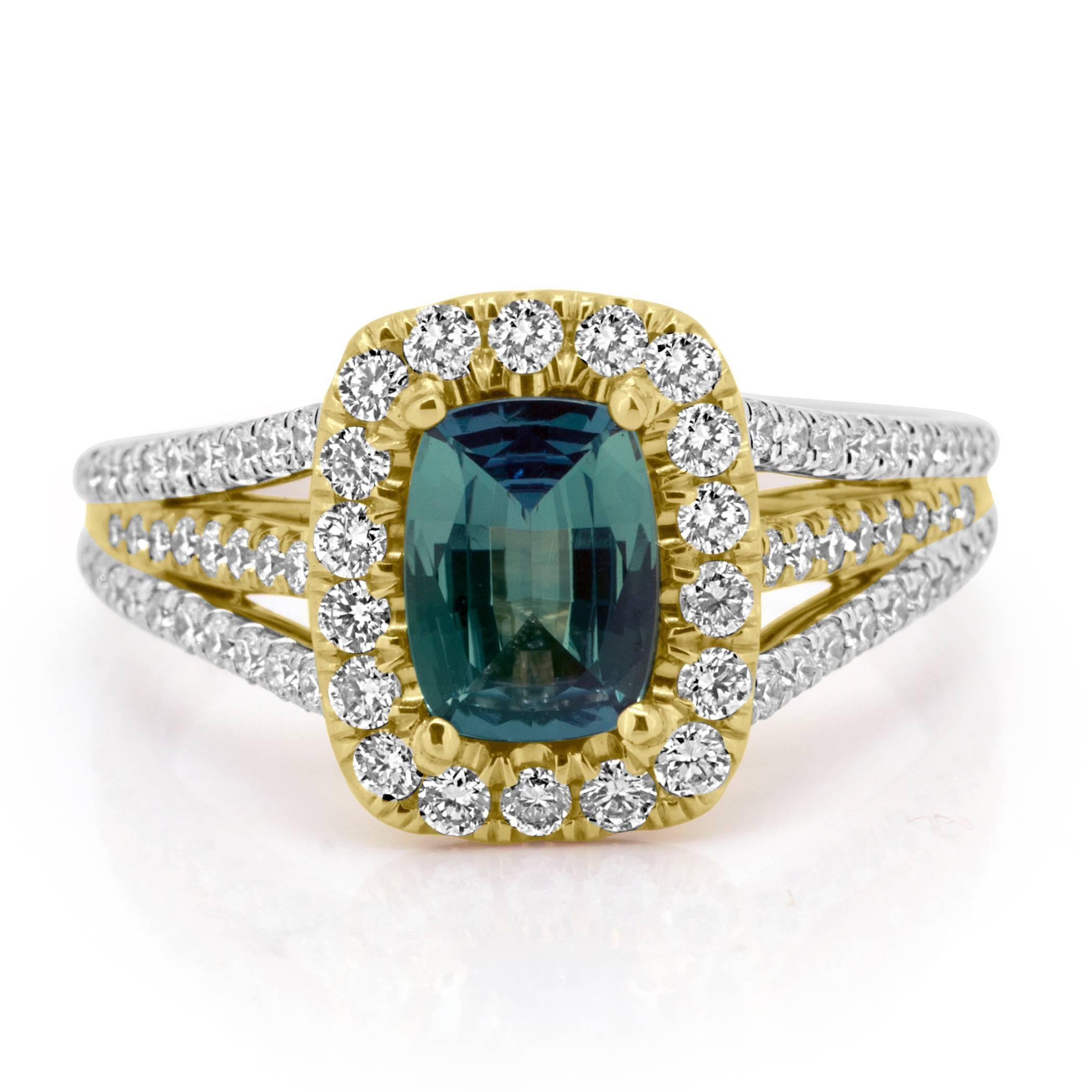 GIA Certified 1.01 Carat Alexandrite Cushion with Good Color Change encircled in a Halo of White Diamond 74 stones 0.73 Carat in Three Row Shank 18K White and Yellow Gold Ring . MADE IN USA.