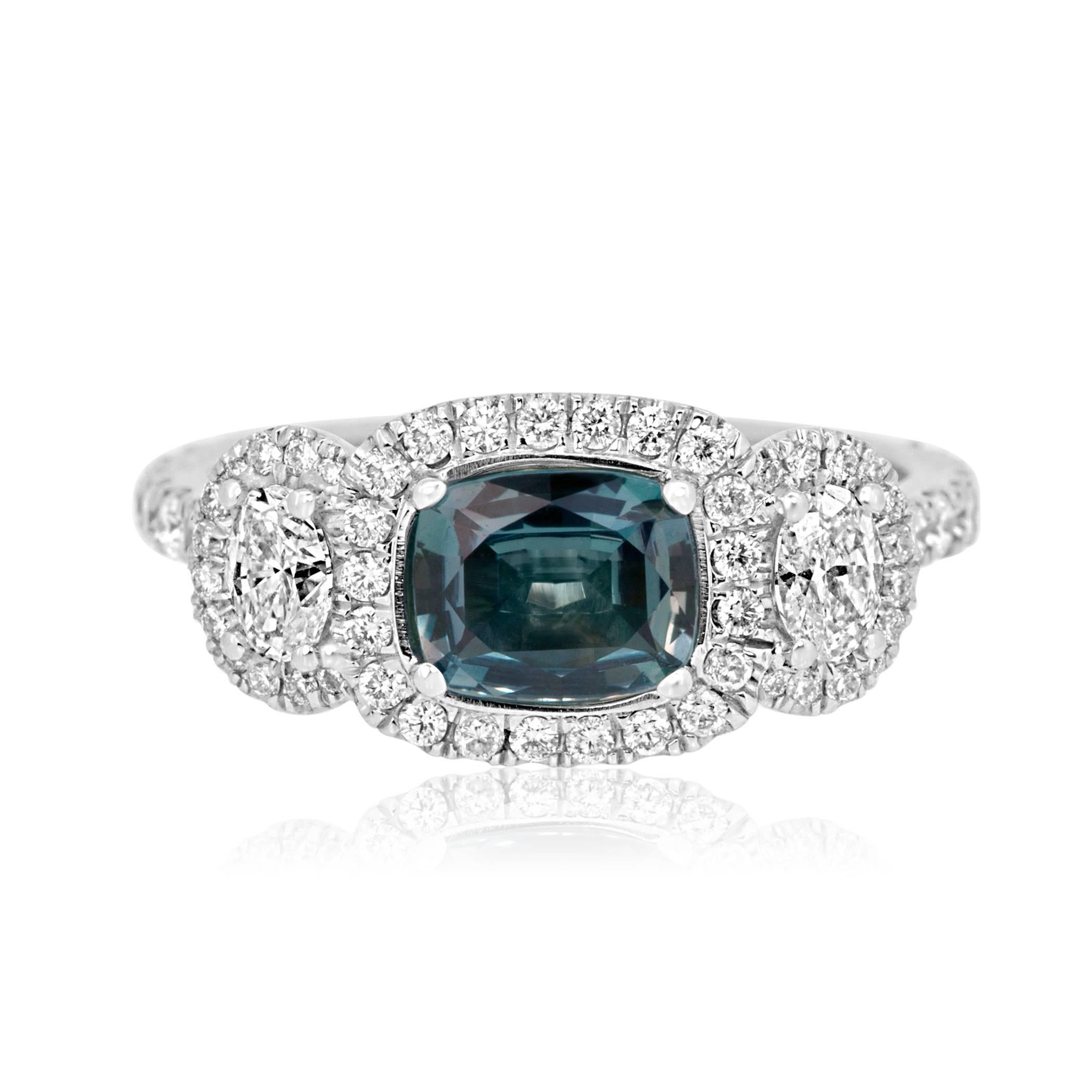 Contemporary GIA Certified 0.90 Carat Alexandrite Cushion Three stone Diamond Halo Gold Ring