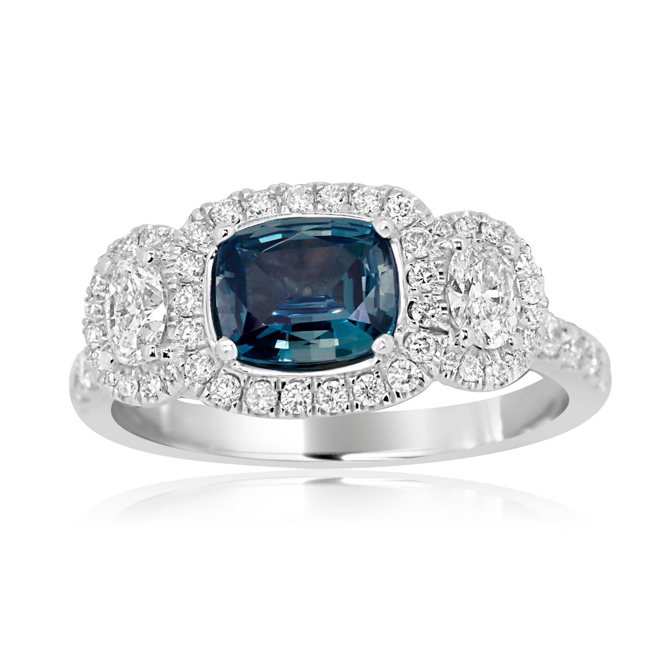 GIA Certified 0.90 Carat Alexandrite cushion Very Good Color Change encircled in Halo of White Diamond 0.50 Carat Flanked by 2 White diamond Ovals 0.35 Carat In 18K White Gold Ring. 

MADE IN USA.
Total Stone Weight 1.75 Carat