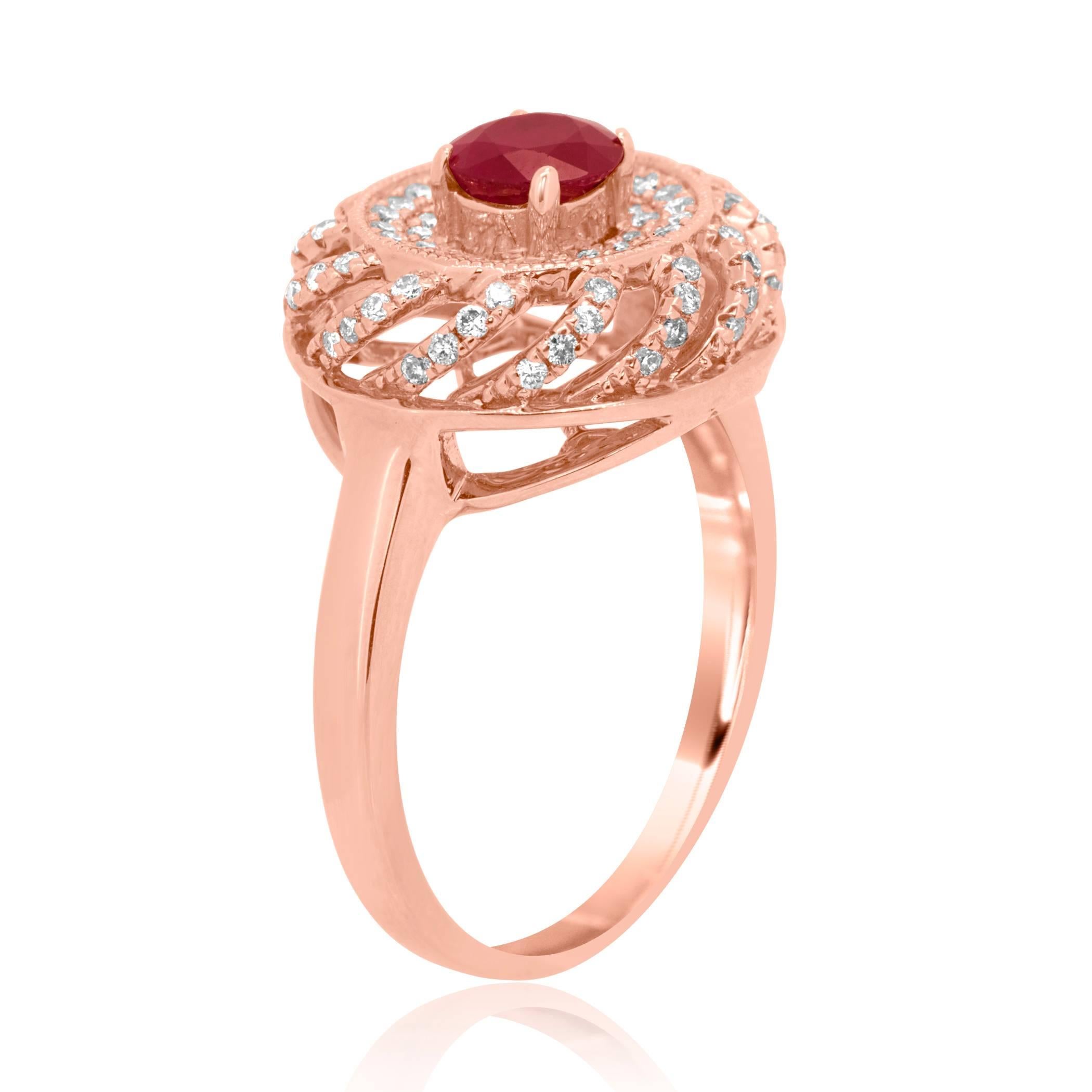 Ruby Pink Diamond White Diamond Rose Gold Double Halo Cocktail Ring In Excellent Condition In NEW YORK, NY