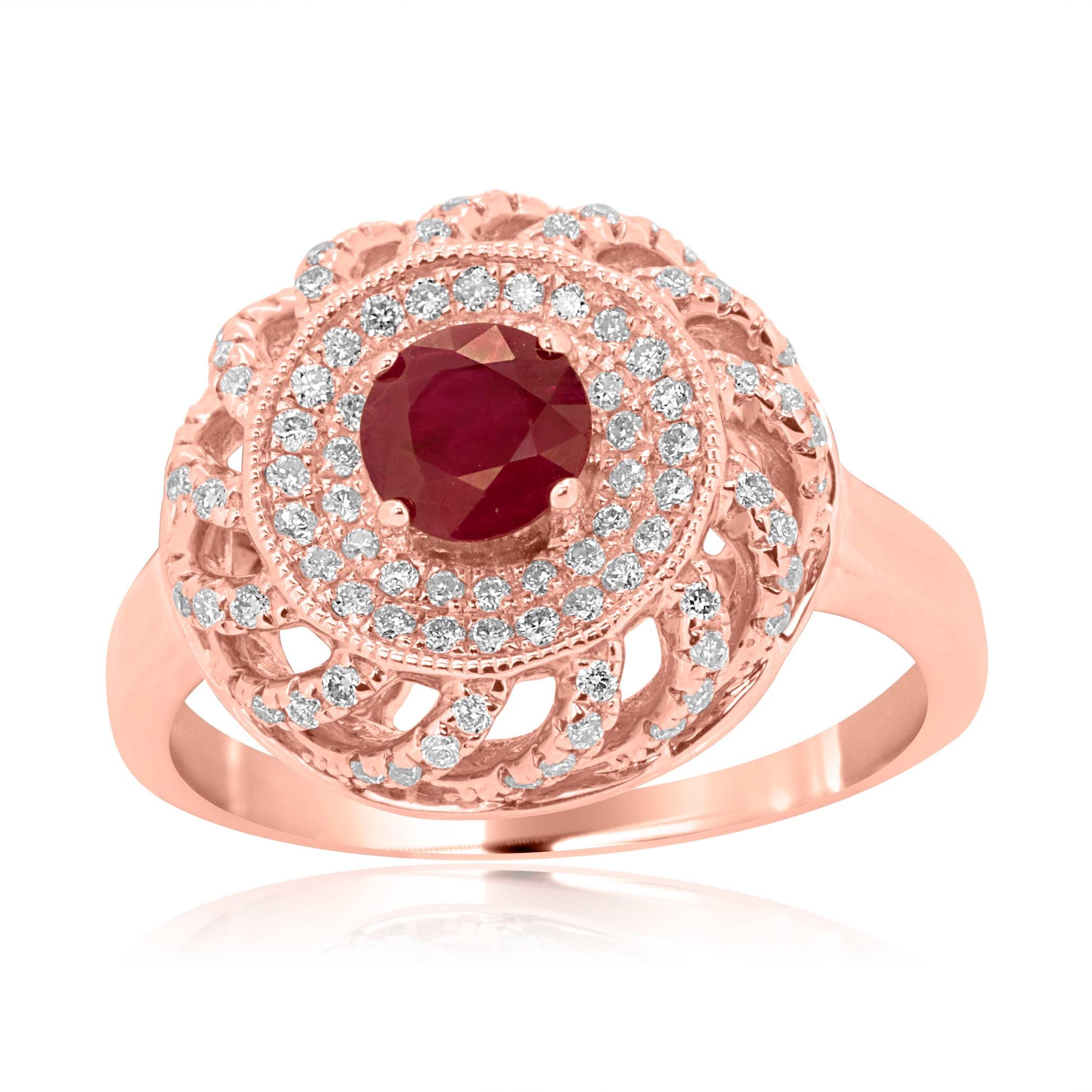 0.64 Carat Round Ruby Encircled in Double Halo Of Pink Diamond 0.22 Carat White Diamond 0.18 Carat In 18K Rose Gold Ring.