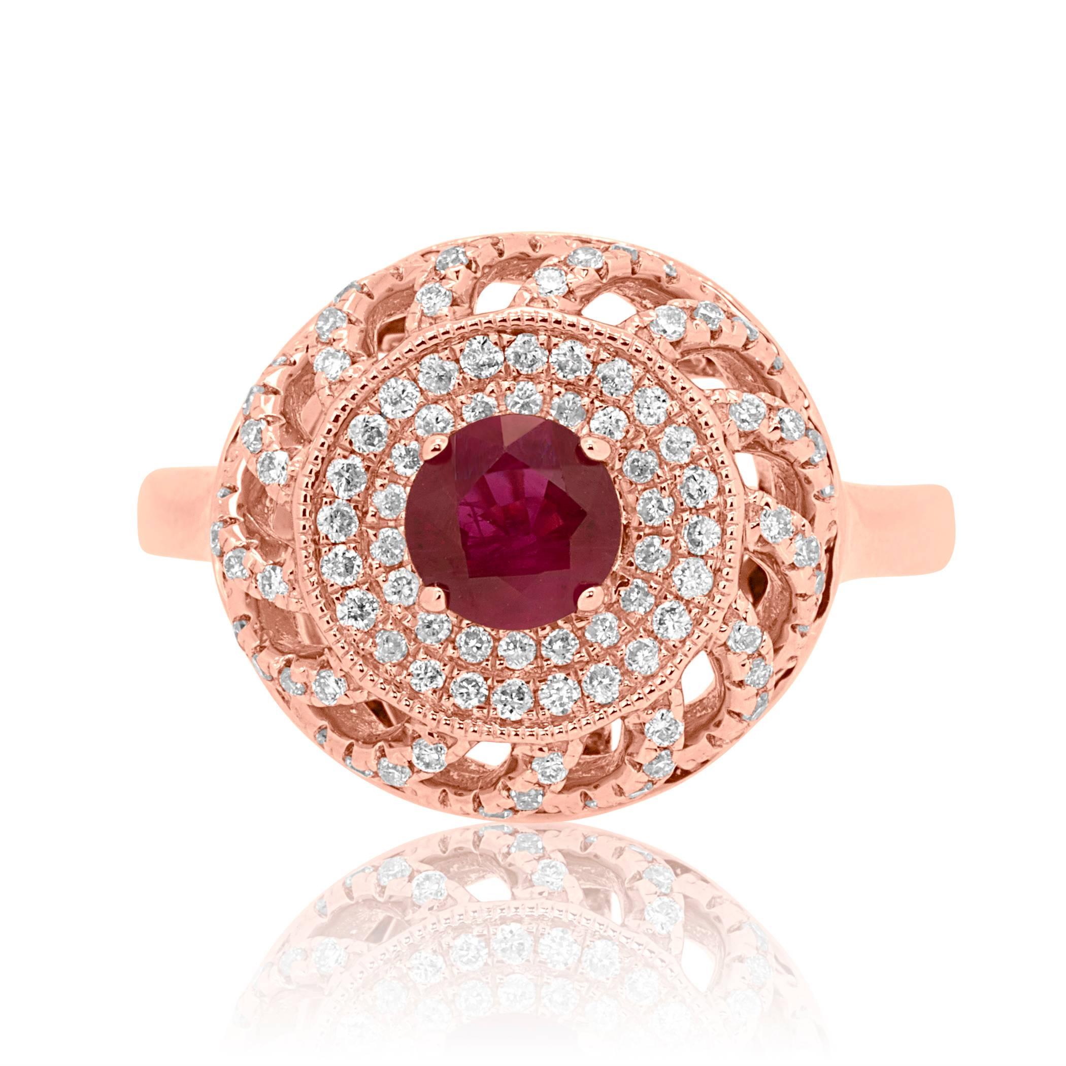 Contemporary Ruby Pink Diamond White Diamond Rose Gold Double Halo Cocktail Ring