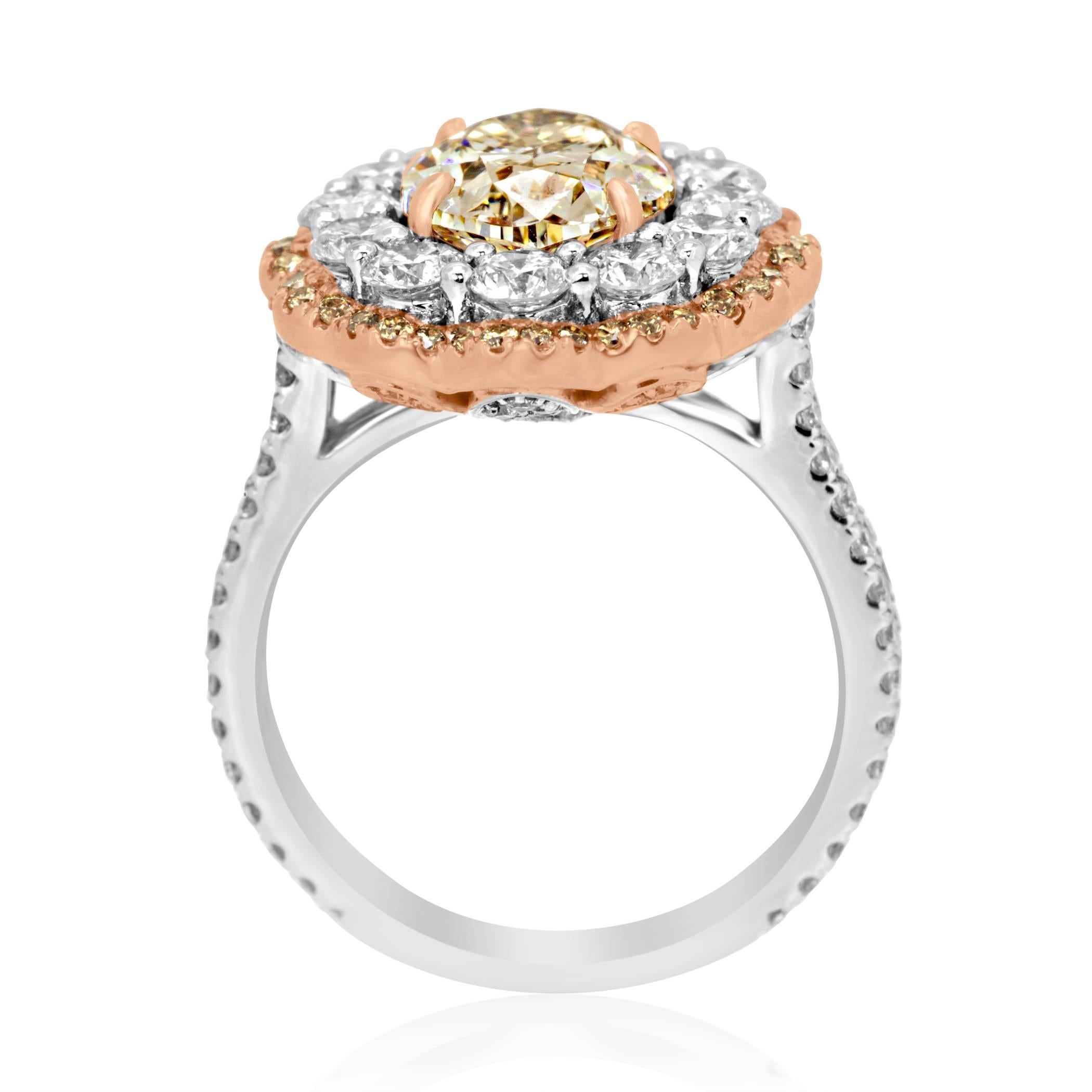 Certified Champagne Oval Diamond in Double Halo Two Color Gold Ring 2