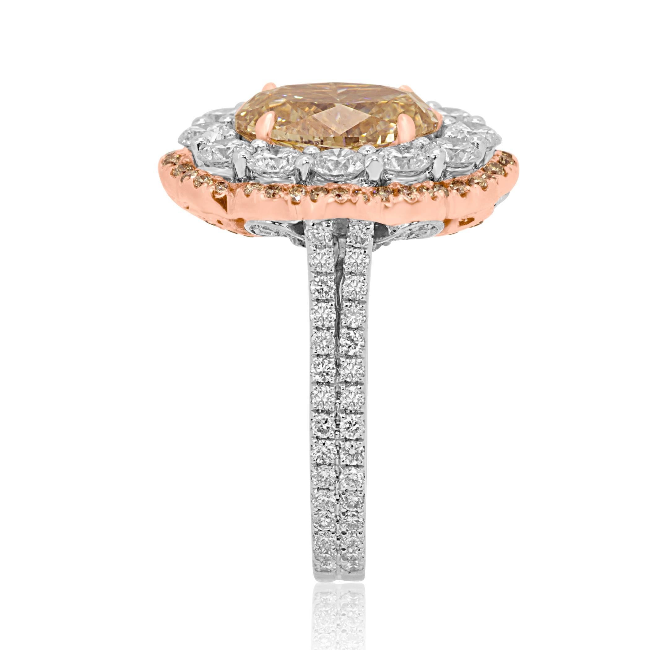 Certified Champagne Oval Diamond in Double Halo Two Color Gold Ring 3