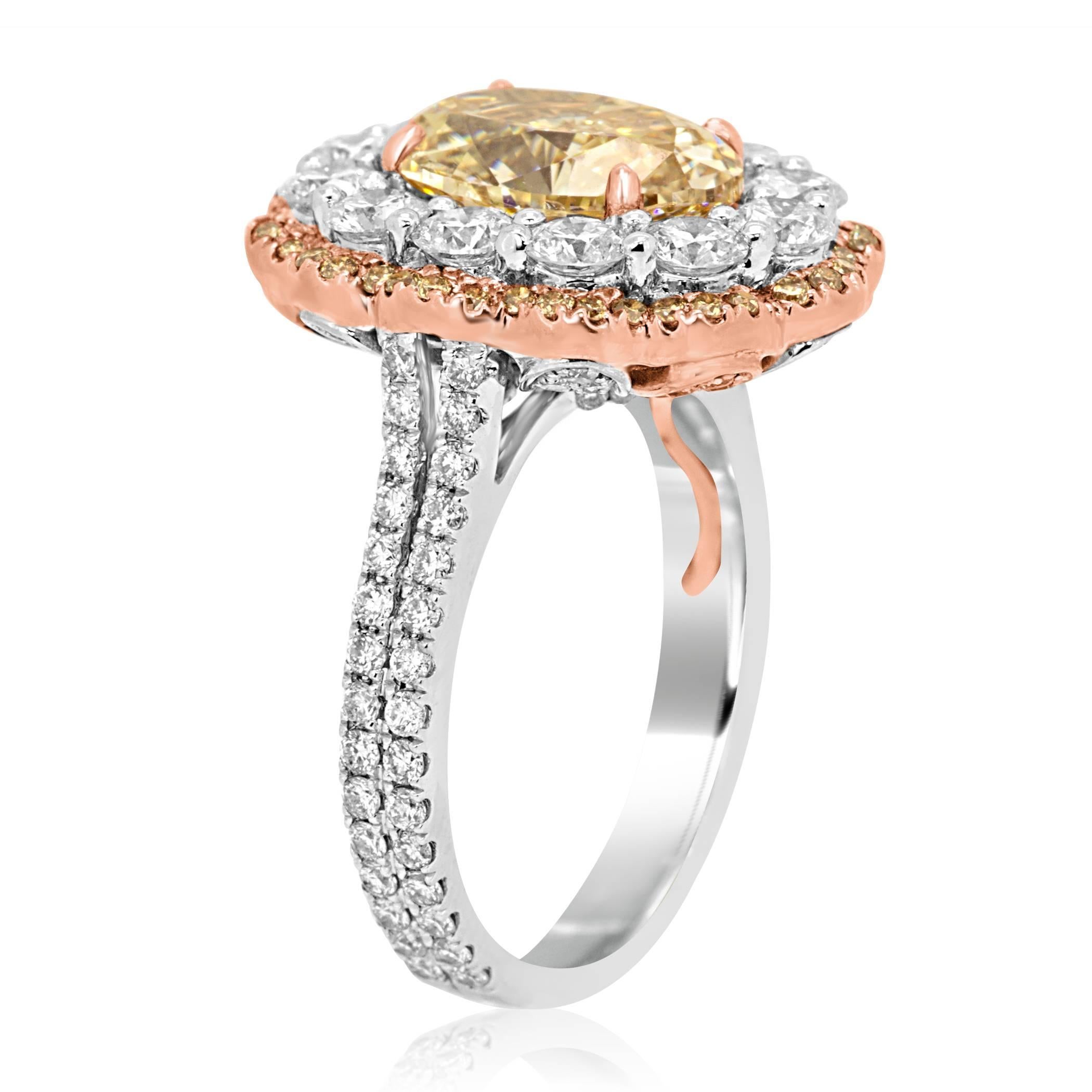 Certified Champagne Oval Diamond in Double Halo Two Color Gold Ring 1