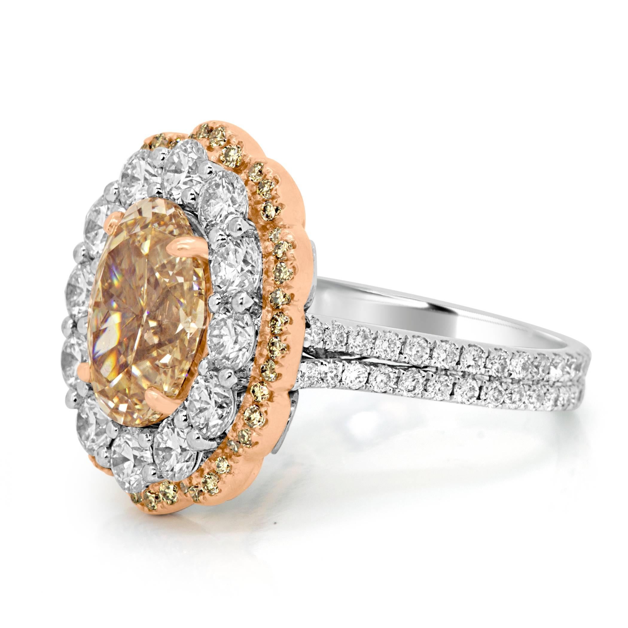 Certified Champagne Oval Diamond in Double Halo Two Color Gold Ring In Excellent Condition In NEW YORK, NY