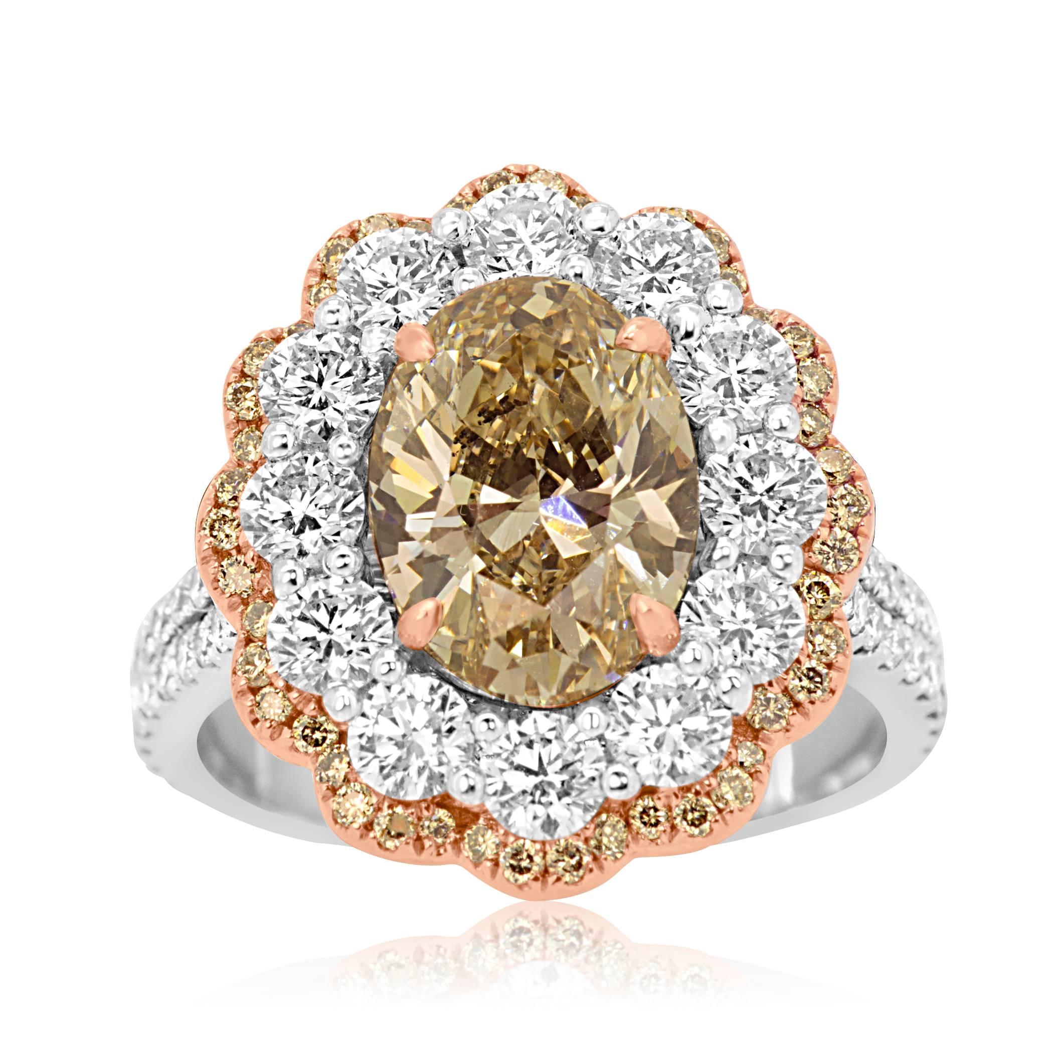 Modern Certified Champagne Oval Diamond in Double Halo Two Color Gold Ring
