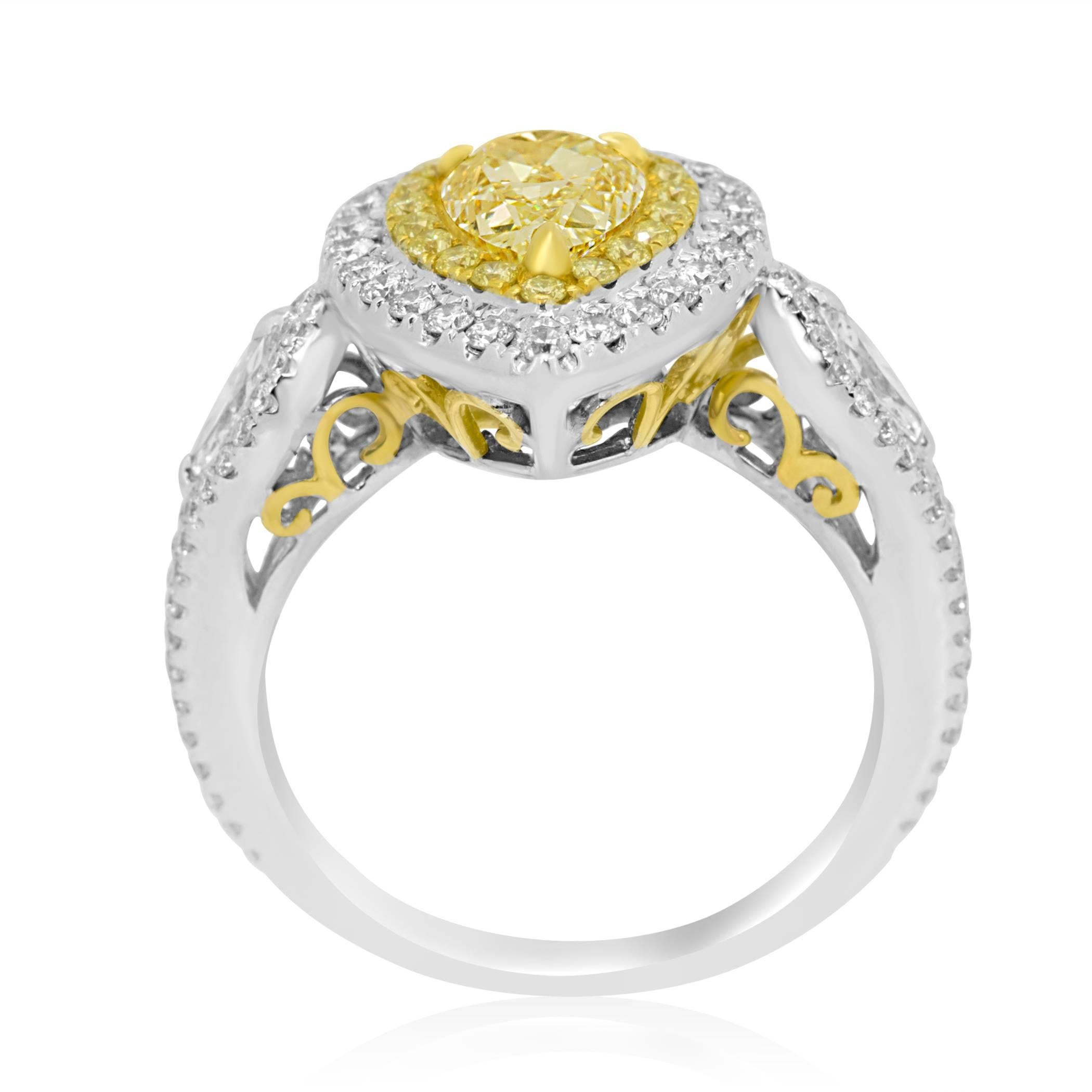 Certified 1.29 Fancy Yellow Diamond Double Halo Two Color Gold Ring In New Condition In NEW YORK, NY