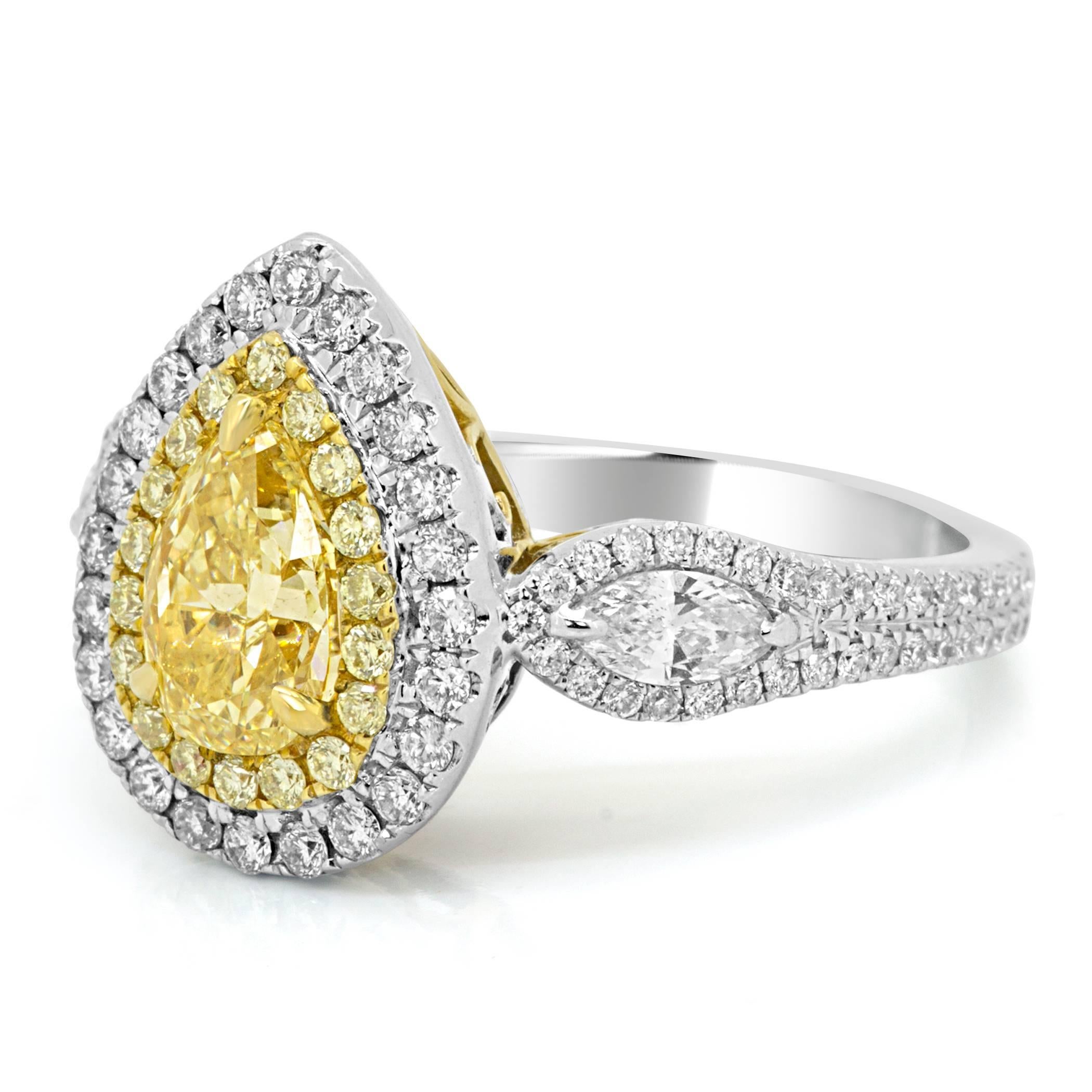 Modern Certified 1.29 Fancy Yellow Diamond Double Halo Two Color Gold Ring