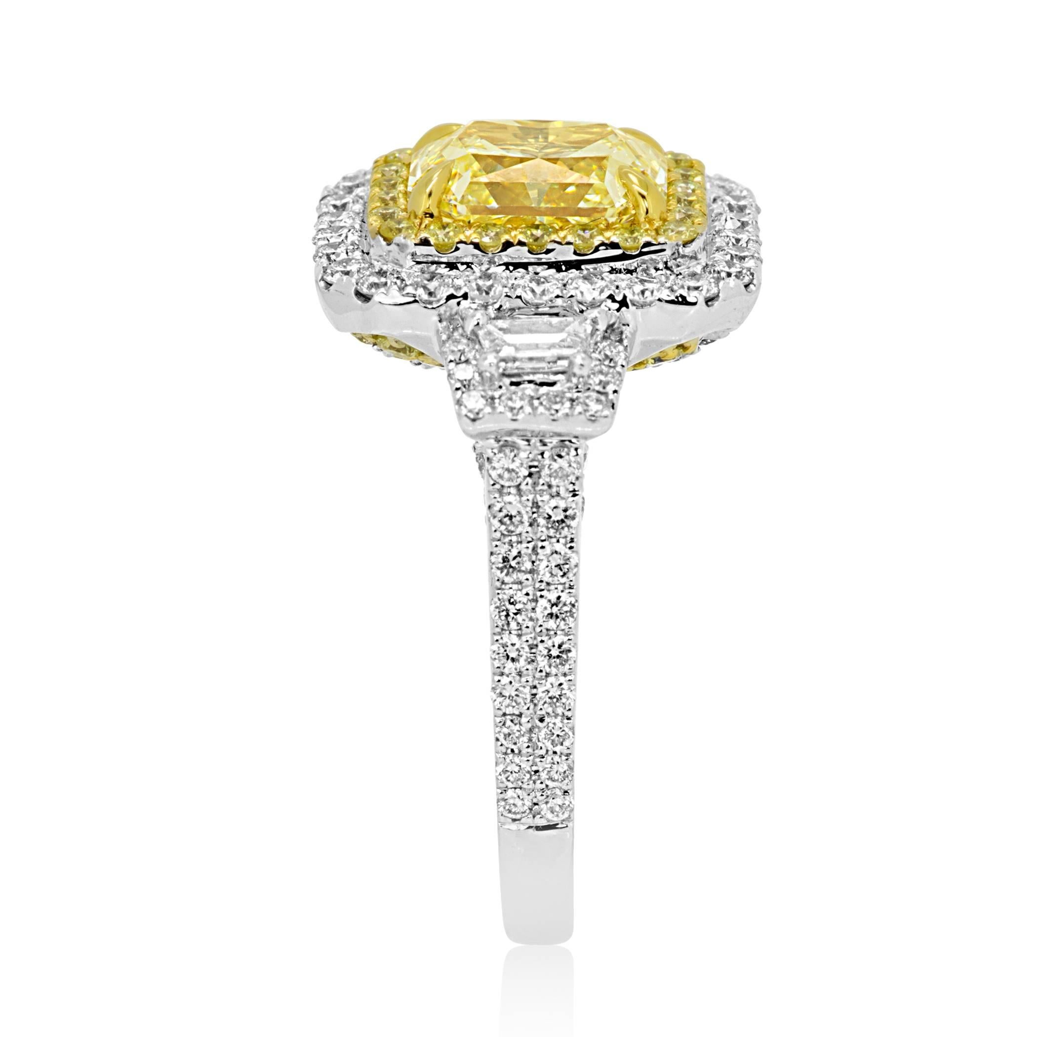 Women's GIA Certified Yellow Diamond Two Color Gold Halo Three Stone Bridal Fashion Ring