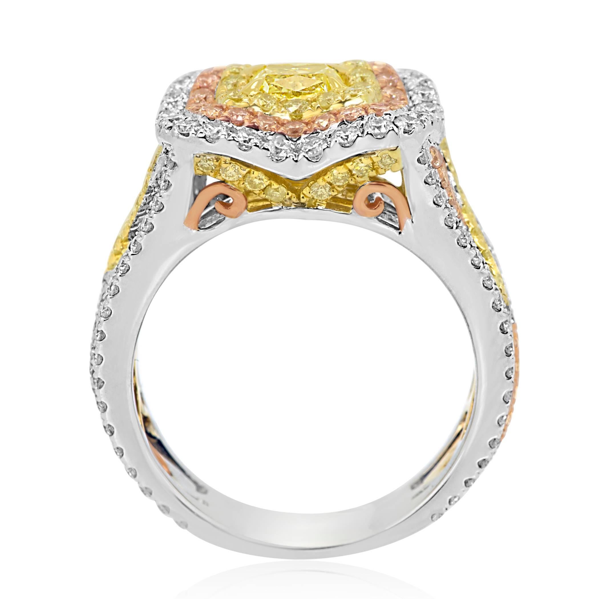 GIA Certified Fancy Intense Yellow Diamond Triple Halo Three Color Gold Ring 3