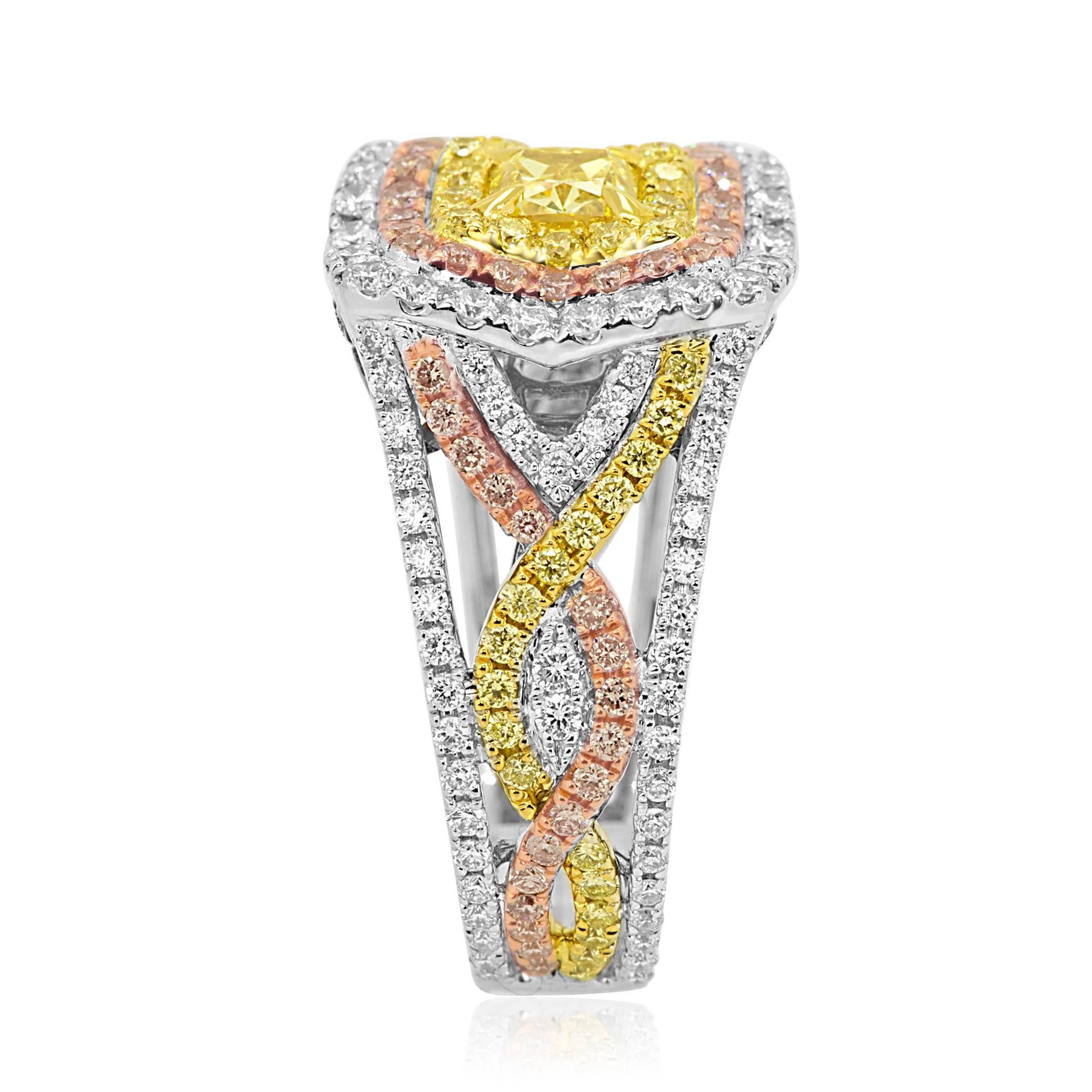 GIA Certified Fancy Intense Yellow Diamond Triple Halo Three Color Gold Ring 2