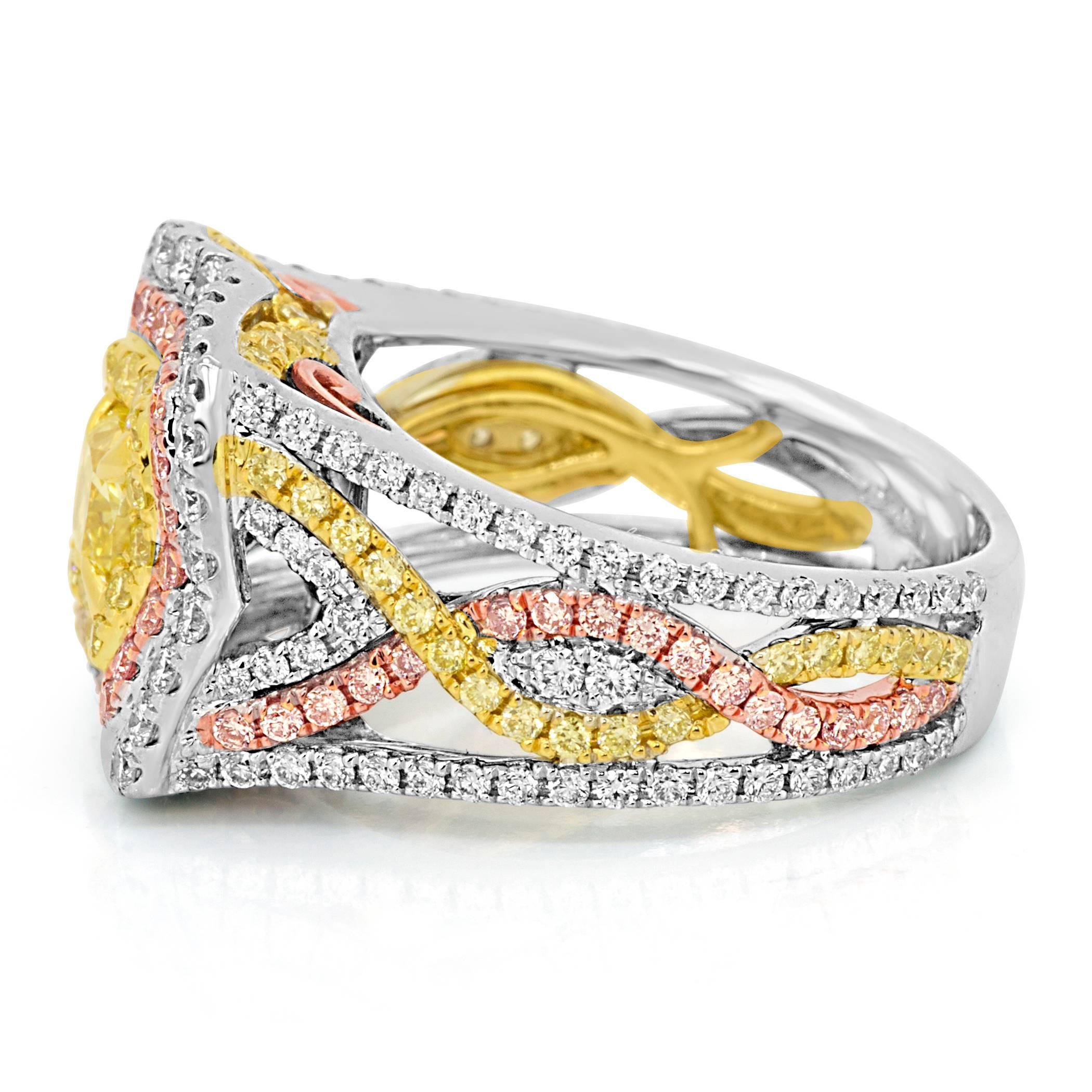 Women's GIA Certified Fancy Intense Yellow Diamond Triple Halo Three Color Gold Ring