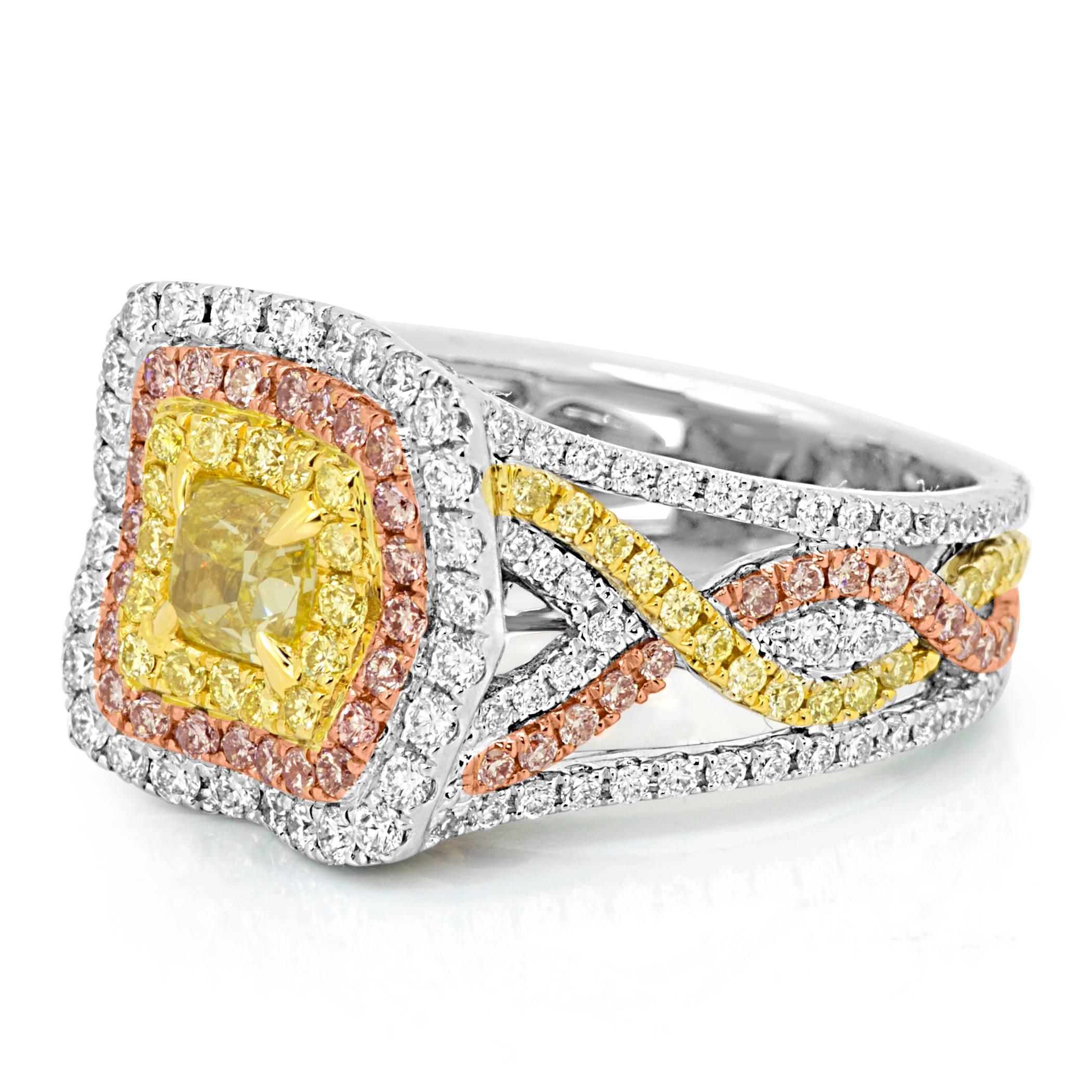 GIA Certified Fancy Intense Yellow Diamond Triple Halo Three Color Gold Ring In Excellent Condition In NEW YORK, NY