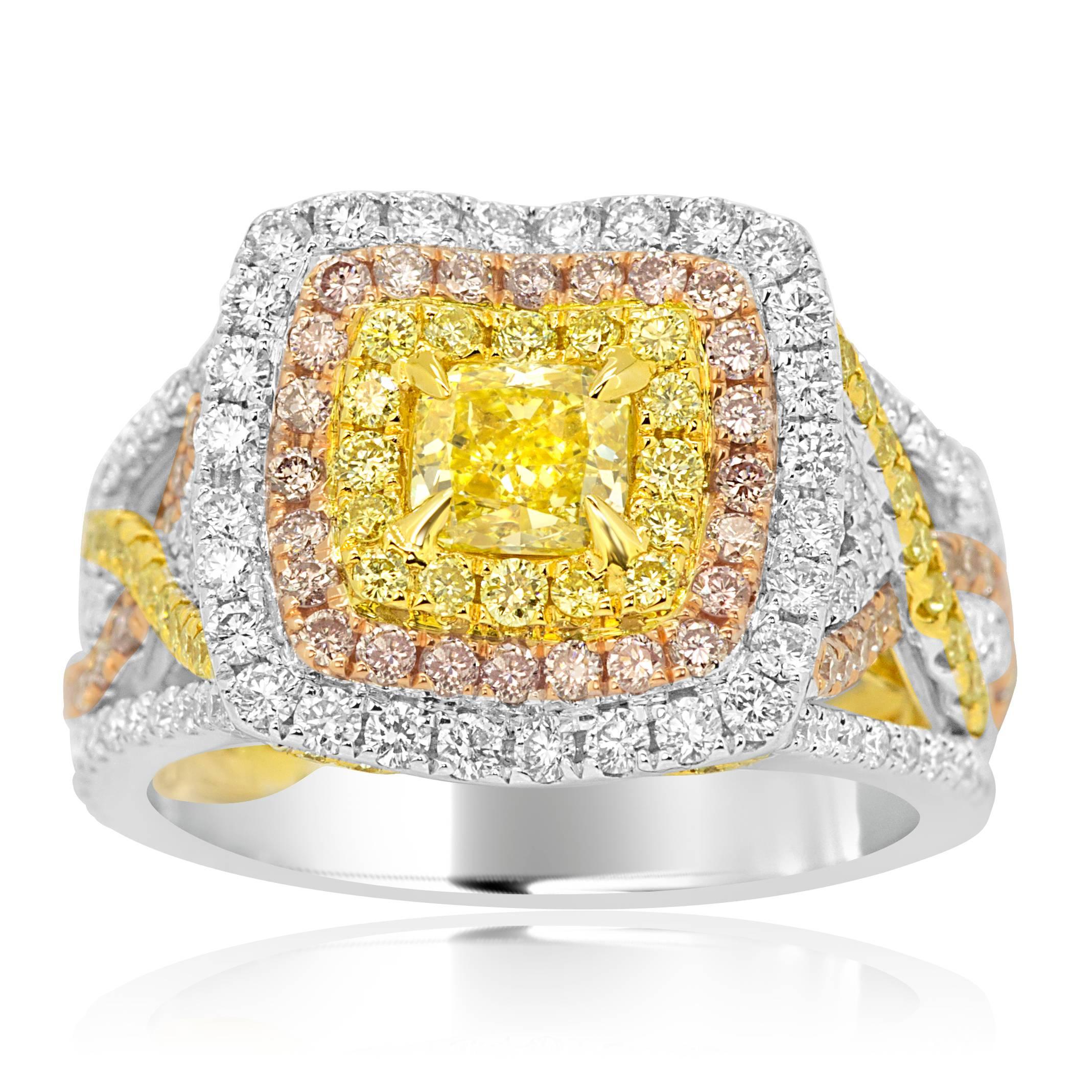 Modern GIA Certified Fancy Intense Yellow Diamond Triple Halo Three Color Gold Ring