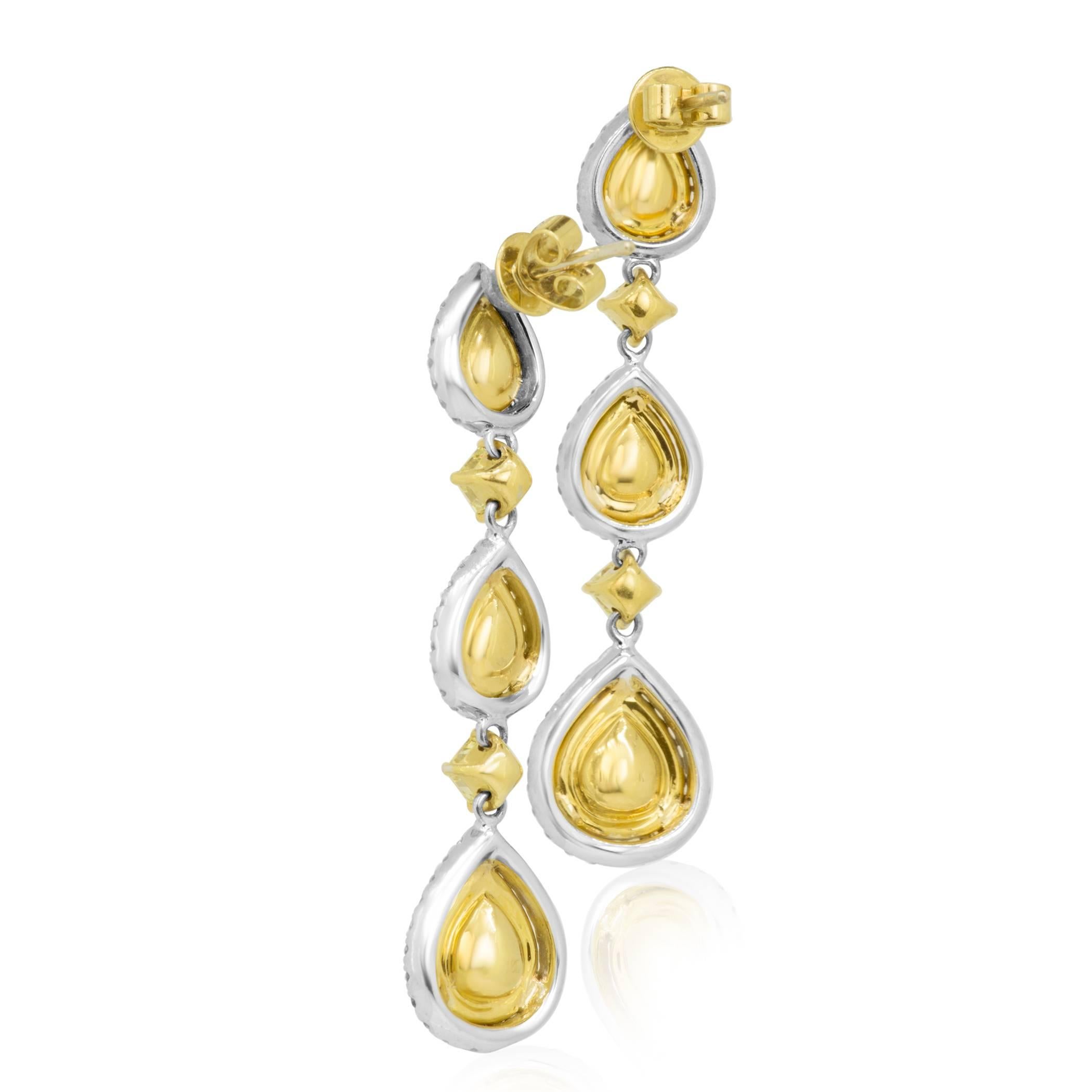 Fancy Yellow and White Diamond Two-Color Gold Double Halo Dangle Drop Earring In New Condition In NEW YORK, NY