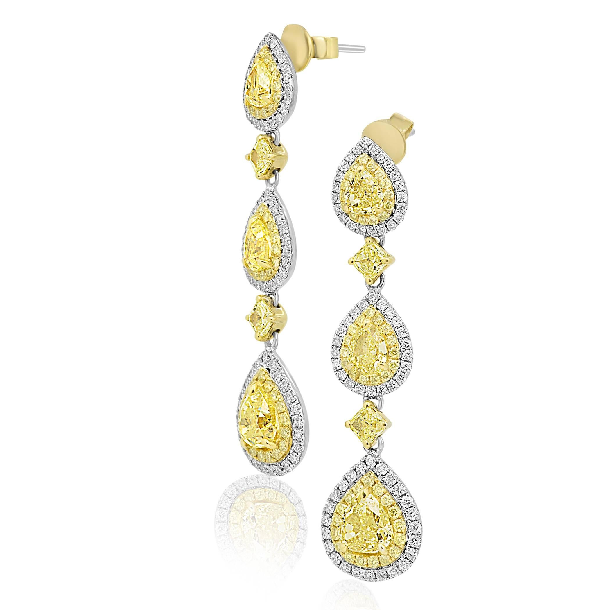 Modern Fancy Yellow and White Diamond Two-Color Gold Double Halo Dangle Drop Earring