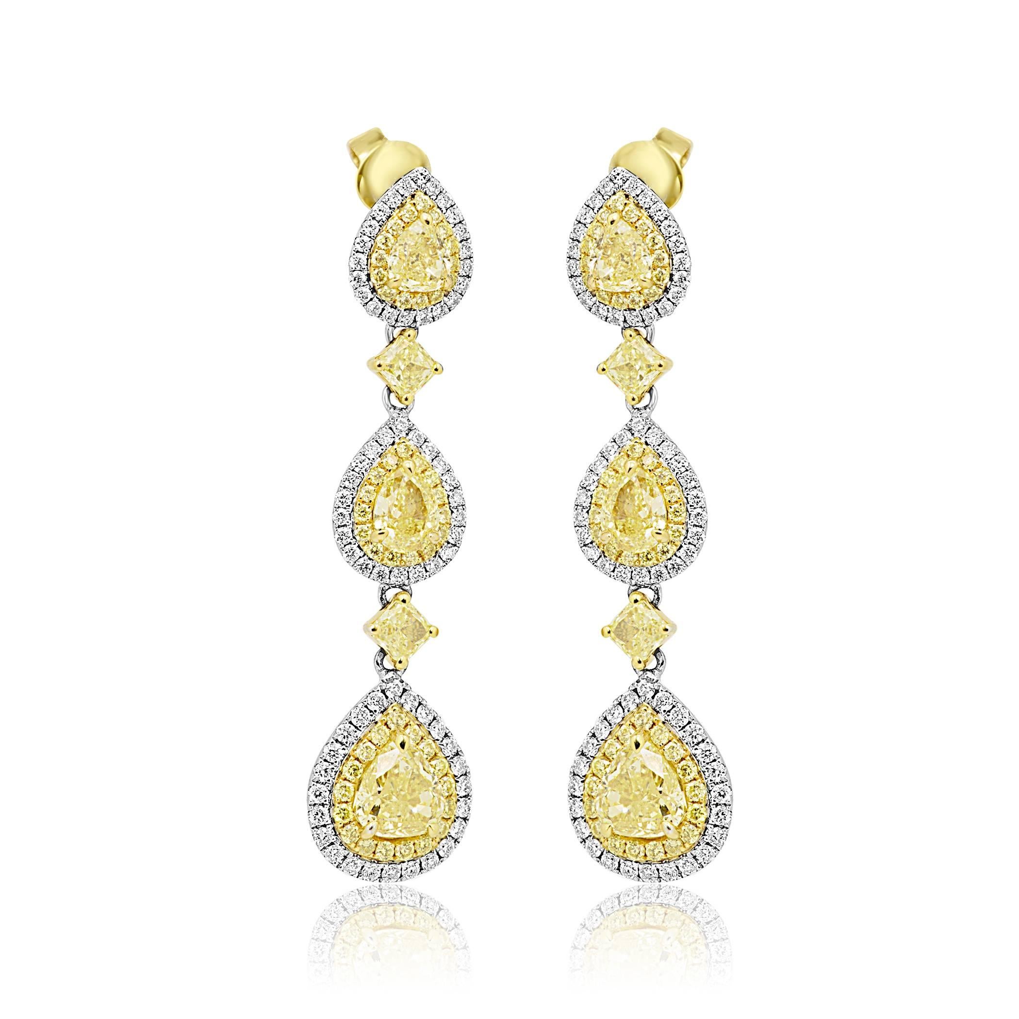 6 Natural Fancy Yellow Pear shape Diamonds 4.52 Carat encircled in halo of  Natural Fancy Yellow Roumd 0.65 Carat and White Diamond Round 0.88 Carat  4 Natural Fancy Yellow Radiant 0.68 Carat in 18K Yellow and White Gold  Earring. 

Style available