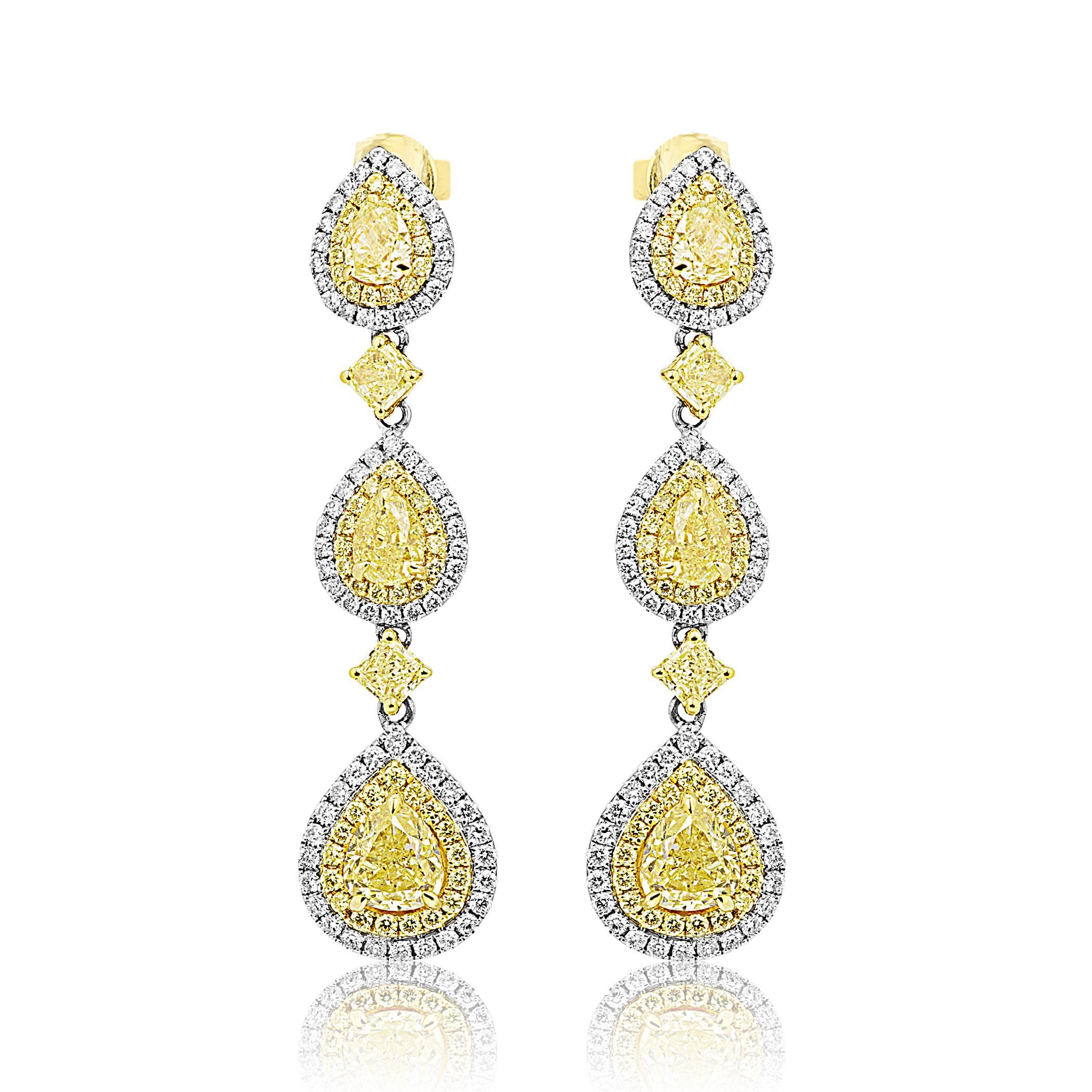 Pear Cut Fancy Yellow and White Diamond Two-Color Gold Double Halo Dangle Drop Earring