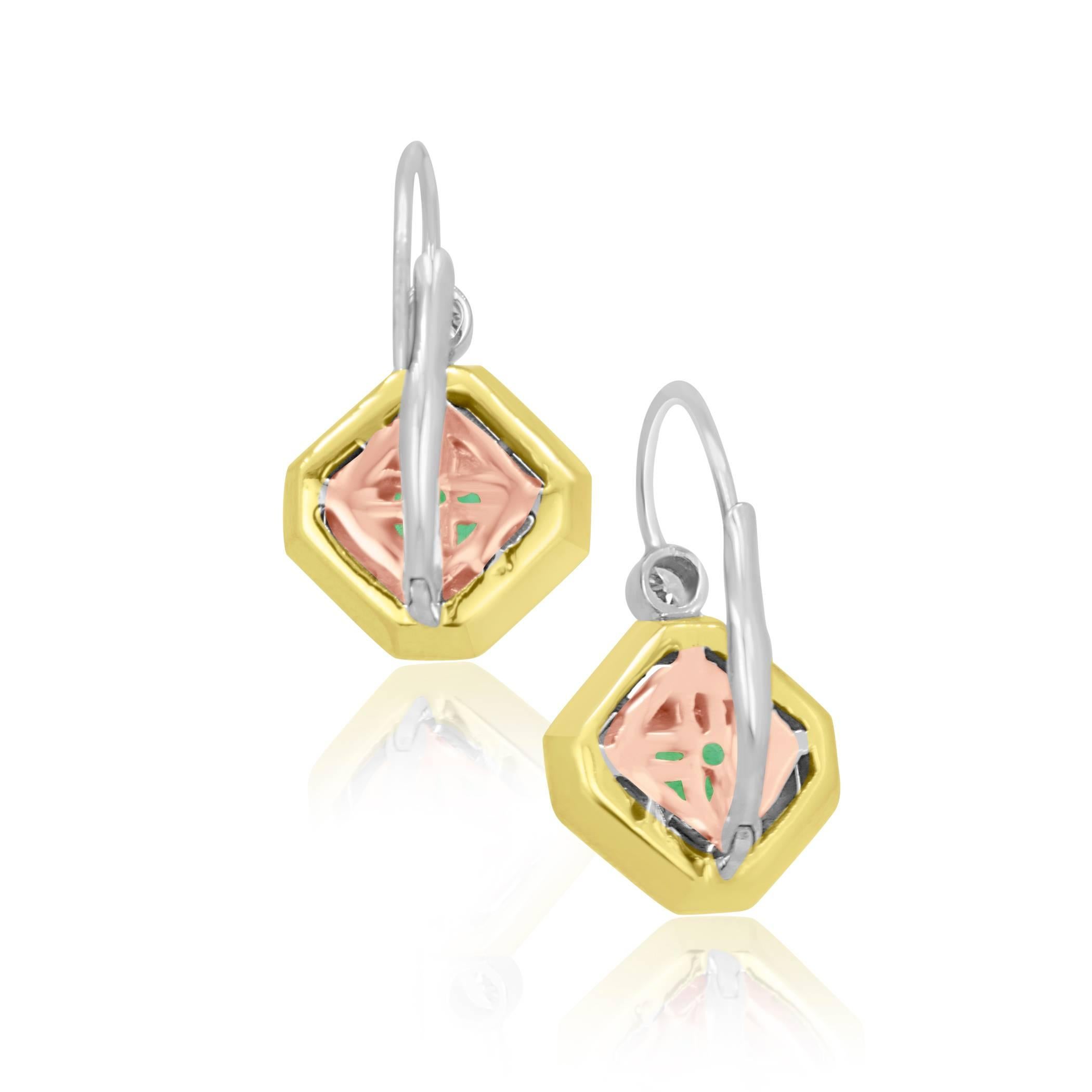 Women's or Men's Emerald Round Diamond Double Halo Three Color Gold Fashion Dangle Drop Earring
