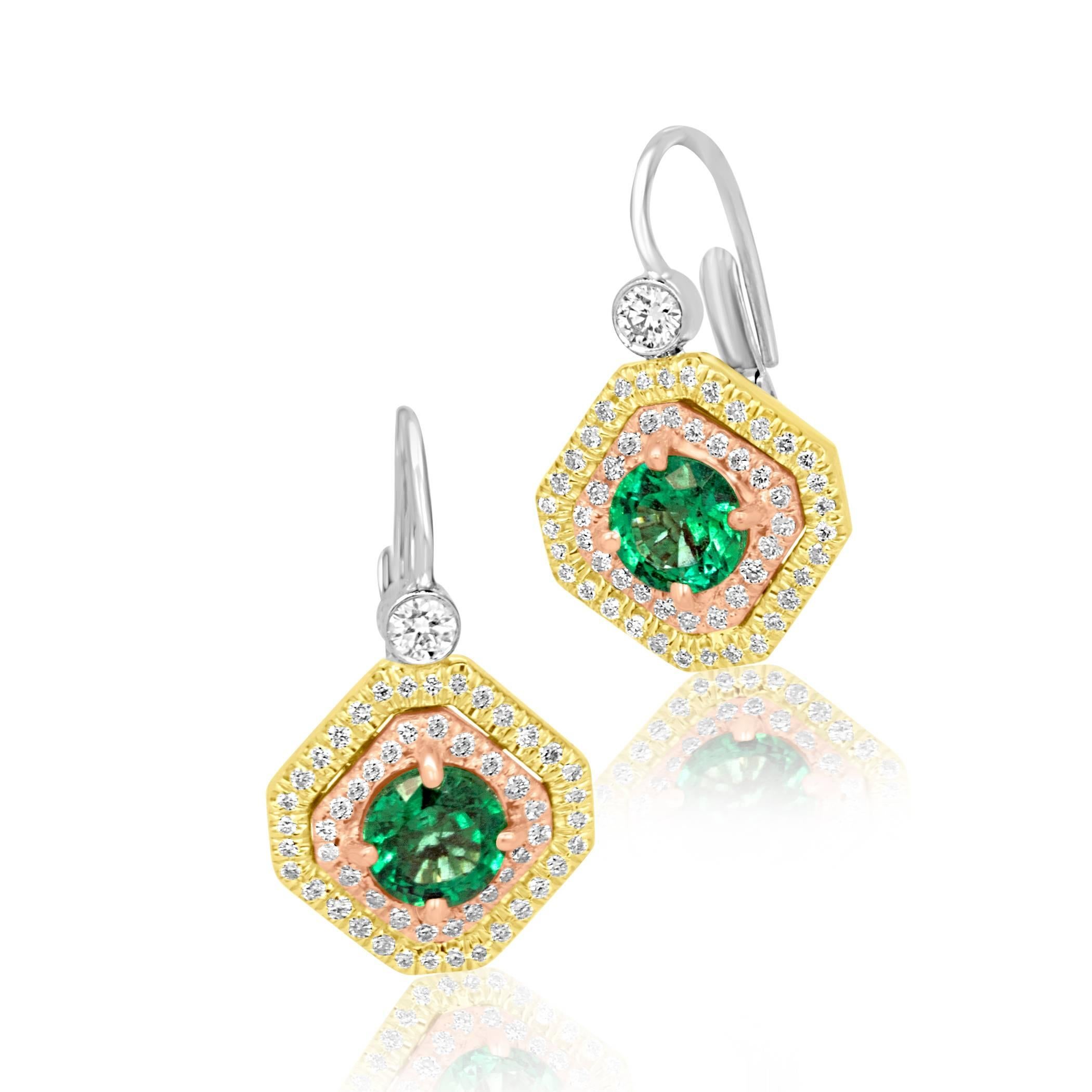 2 Emerald Rounds 1.23 Carat encircled in Double halo of Natural Pink Diamond  0.25 Carat and White Diamond 0.72 Carat in 18K White yellow and rose gold Earring with French Lock. 

Style available in different price ranges. Prices are based on your