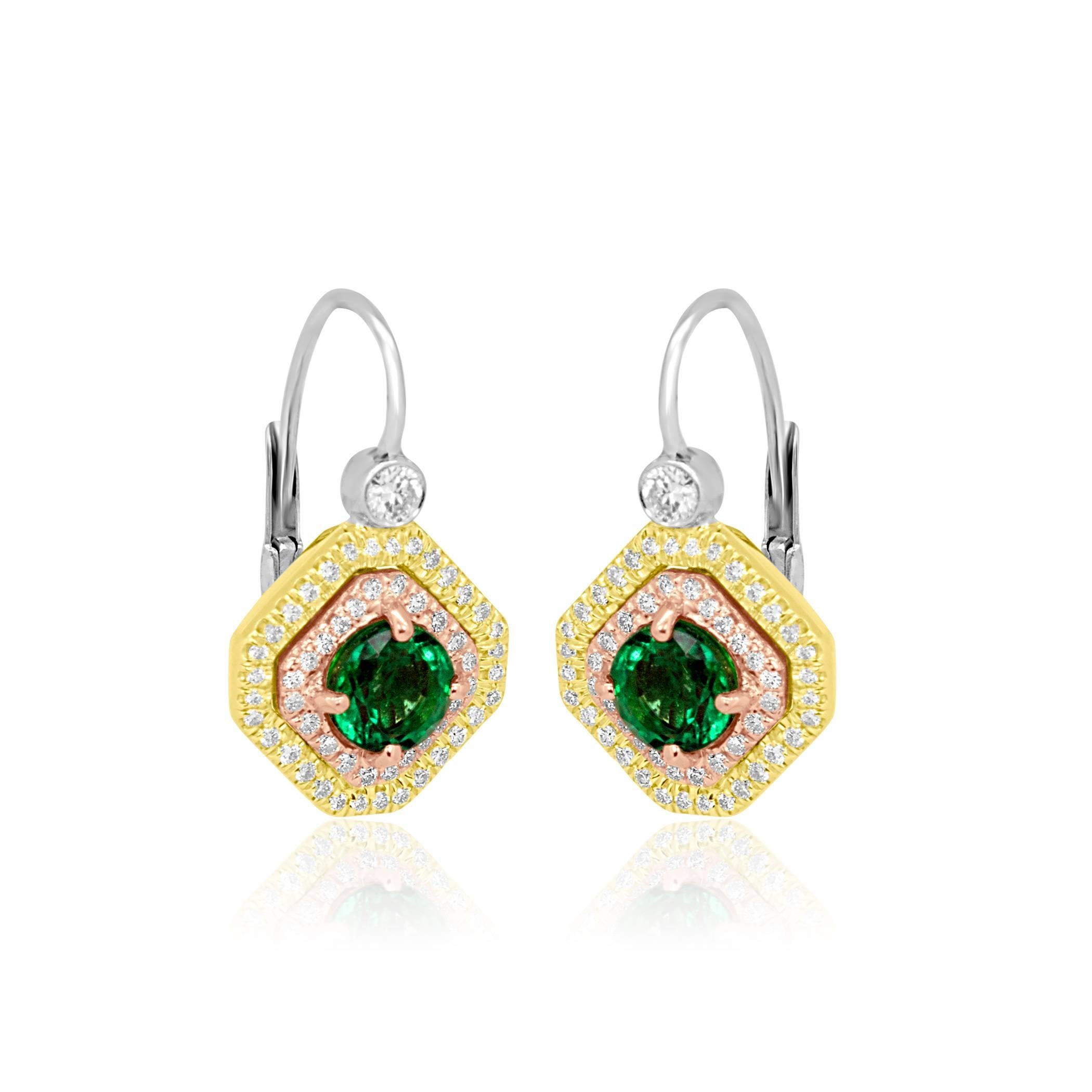 Modern Emerald Round Diamond Double Halo Three Color Gold Fashion Dangle Drop Earring