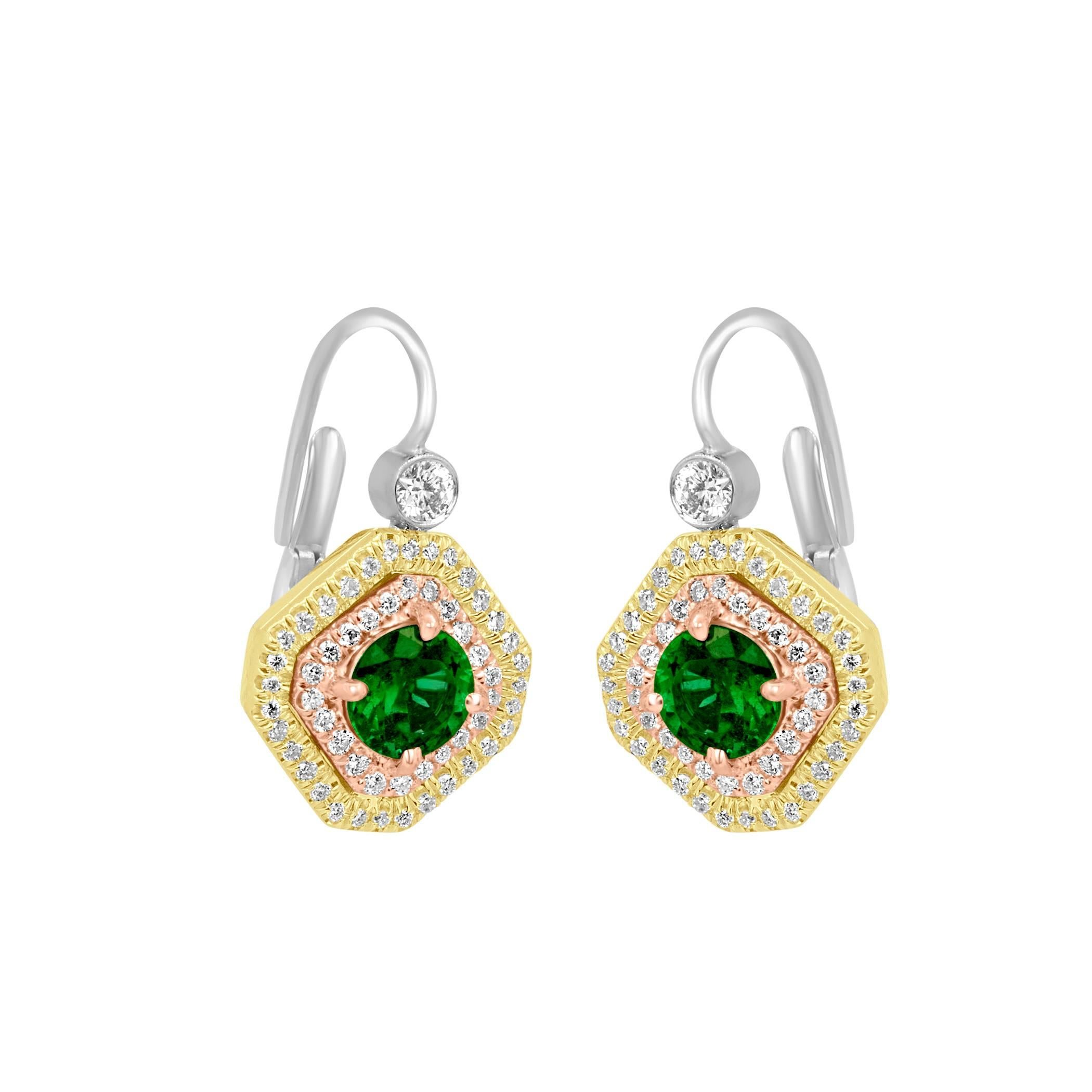 Round Cut Emerald Round Diamond Double Halo Three Color Gold Fashion Dangle Drop Earring